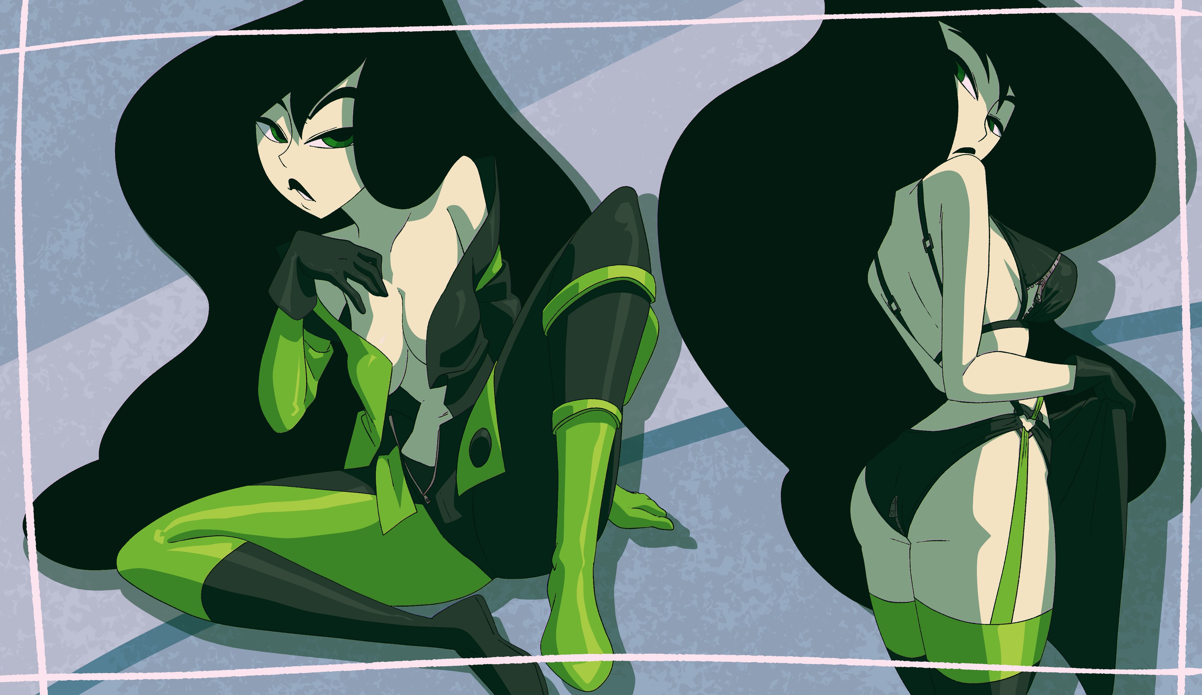 disney, disney channel, female, female focus, female only, green eyes, green hair, green skin, higher resolution available, inker comics, inkershike, kim possible, no artist signature, shego, undressing