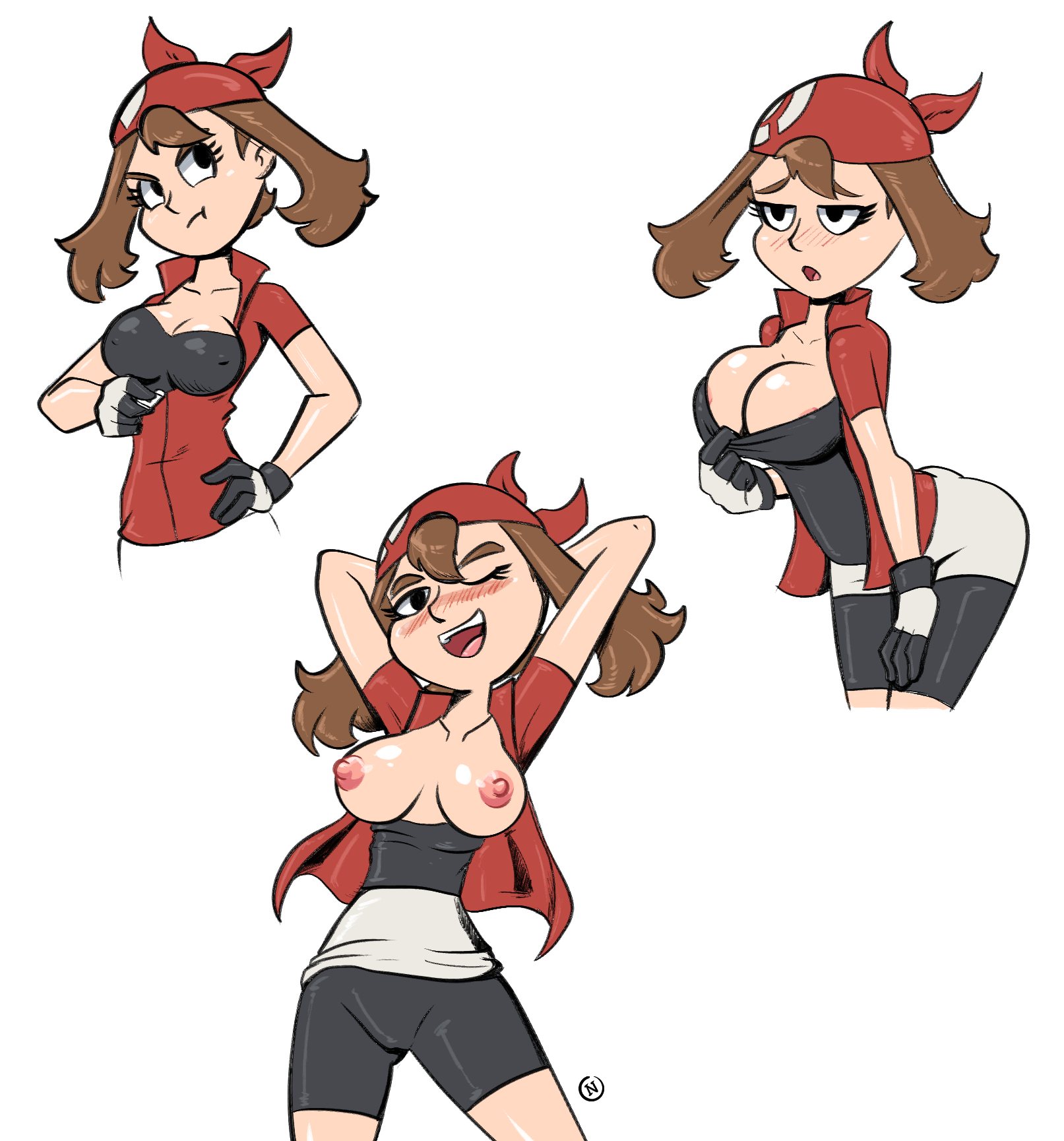 armpits, big breasts, breasts, breasts out of clothes, brown hair, female, inconvenient breasts, may (pokemon), nanus2, naughty face, nintendo, nude, pokemon, smiling, stripper
