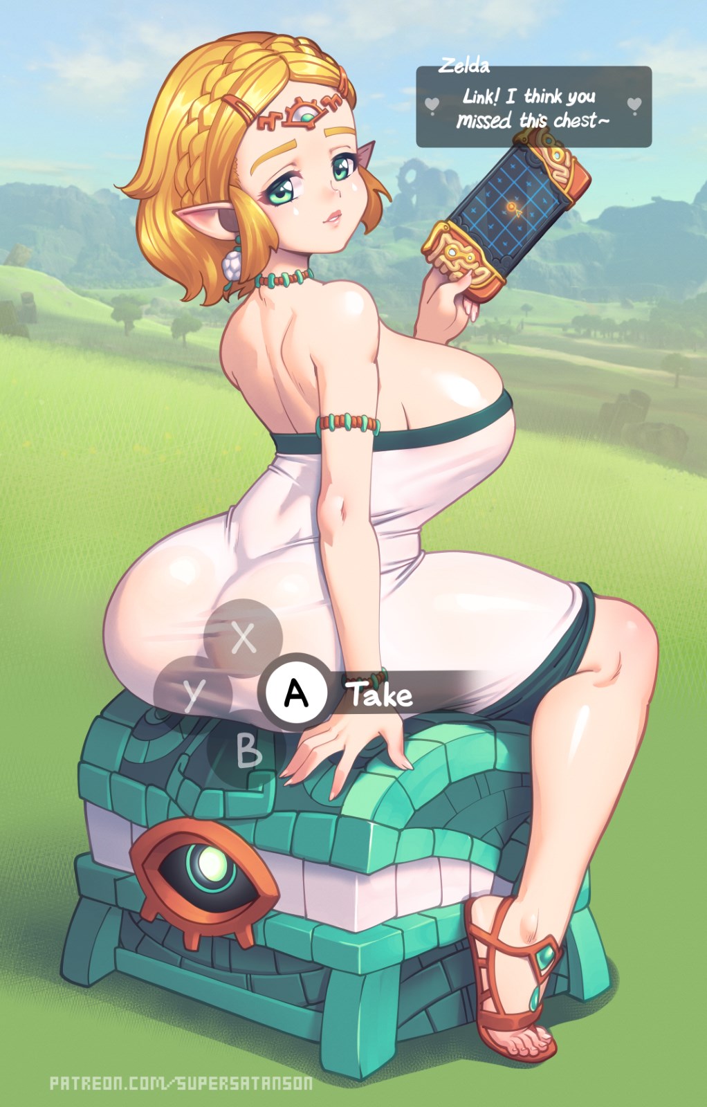 1girls, ass, blonde hair, breasts, bubble ass, bubble butt, dialogue, dress, english text, female, huge ass, huge breasts, light skin, light-skinned female, looking at viewer, looking back, nintendo, open toe footwear, open toe shoes, outdoors, princess zelda, sandals, short hair, slim waist, smile, supersatanson, tears of the kingdom, the legend of zelda, thick thighs, zelda (tears of the kingdom)