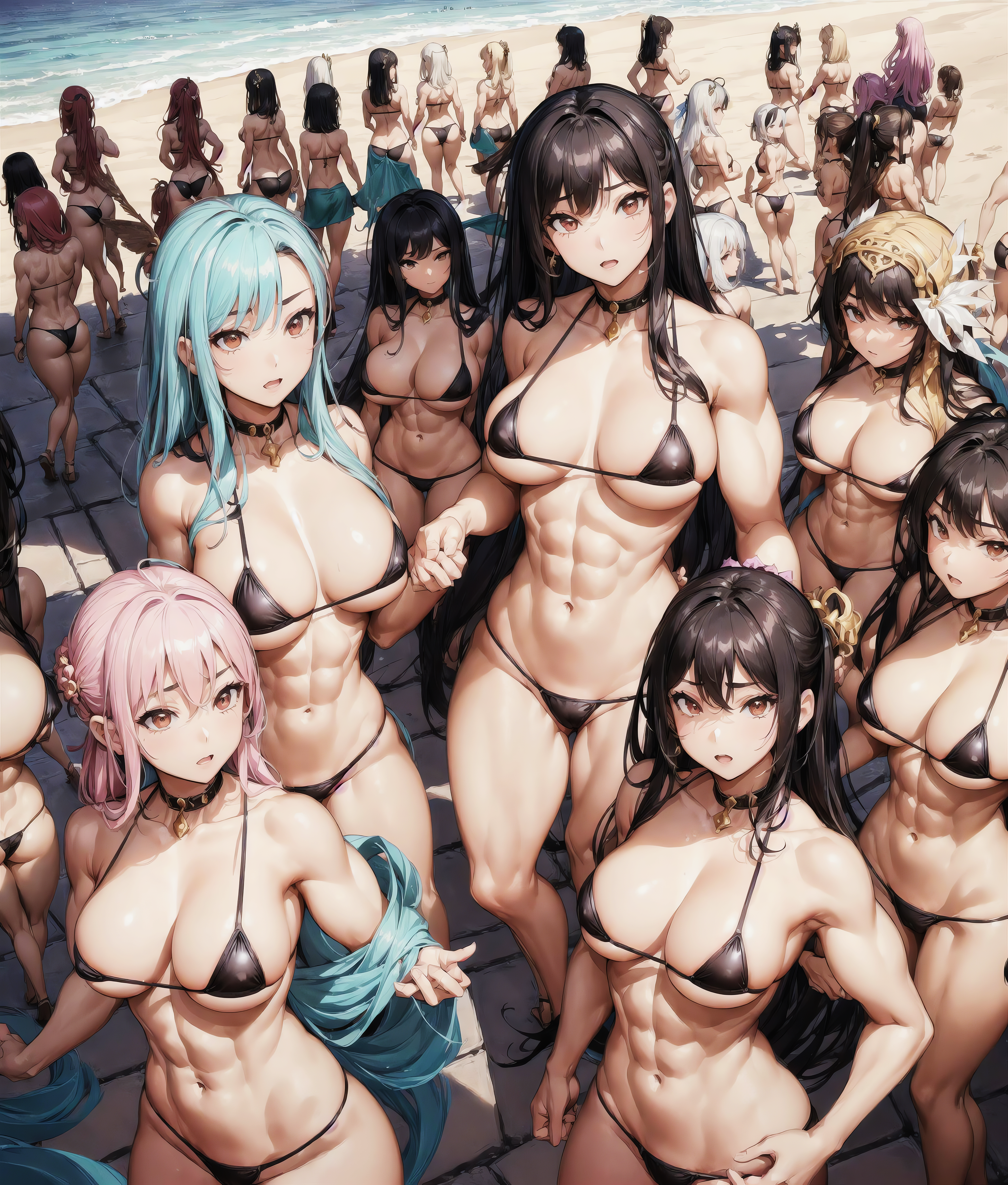 6+girls, abs, ai generated, ass, ass cleavage, ass crack, bikini, black bikini, breasts, buff, butt crack, cleavage, female, female abs, female only, hi res, huge breasts, long hair, medium hair, multiple females, multiple girls, muscular, muscular female, navel, ponytail, short hair, stable diffusion, twintails, voluptuous, voluptuous female