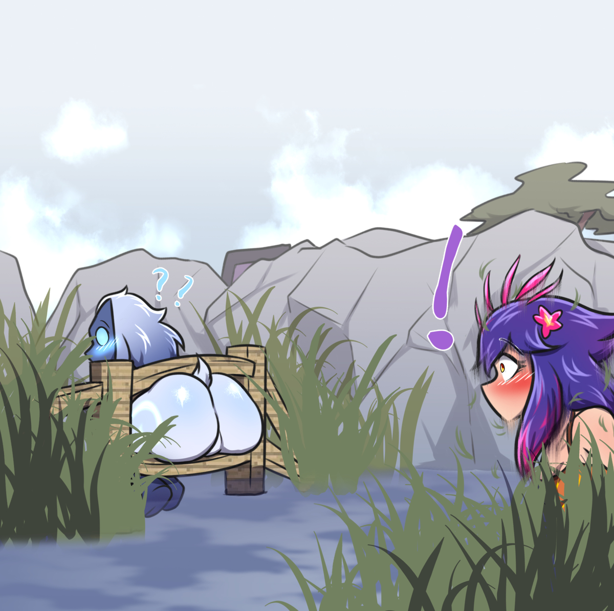 ass, back view, big ass, blush, bubble ass, bubble butt, female, huge ass, kindred, lamb (league of legends), league of legends, minecraft, neeko