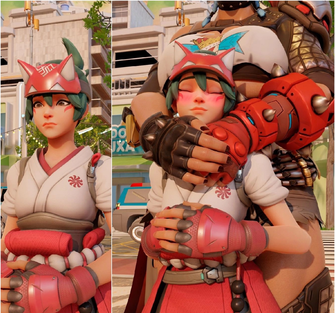 2girls, 3d, 3d (artwork), blush, breasts, collage, cute, faceless character, female, female only, from behind, hug, huge breasts, junker queen, kiriko (overwatch), muscle mommy, muscles, muscular, muscular female, overwatch, sad, size difference, yuri