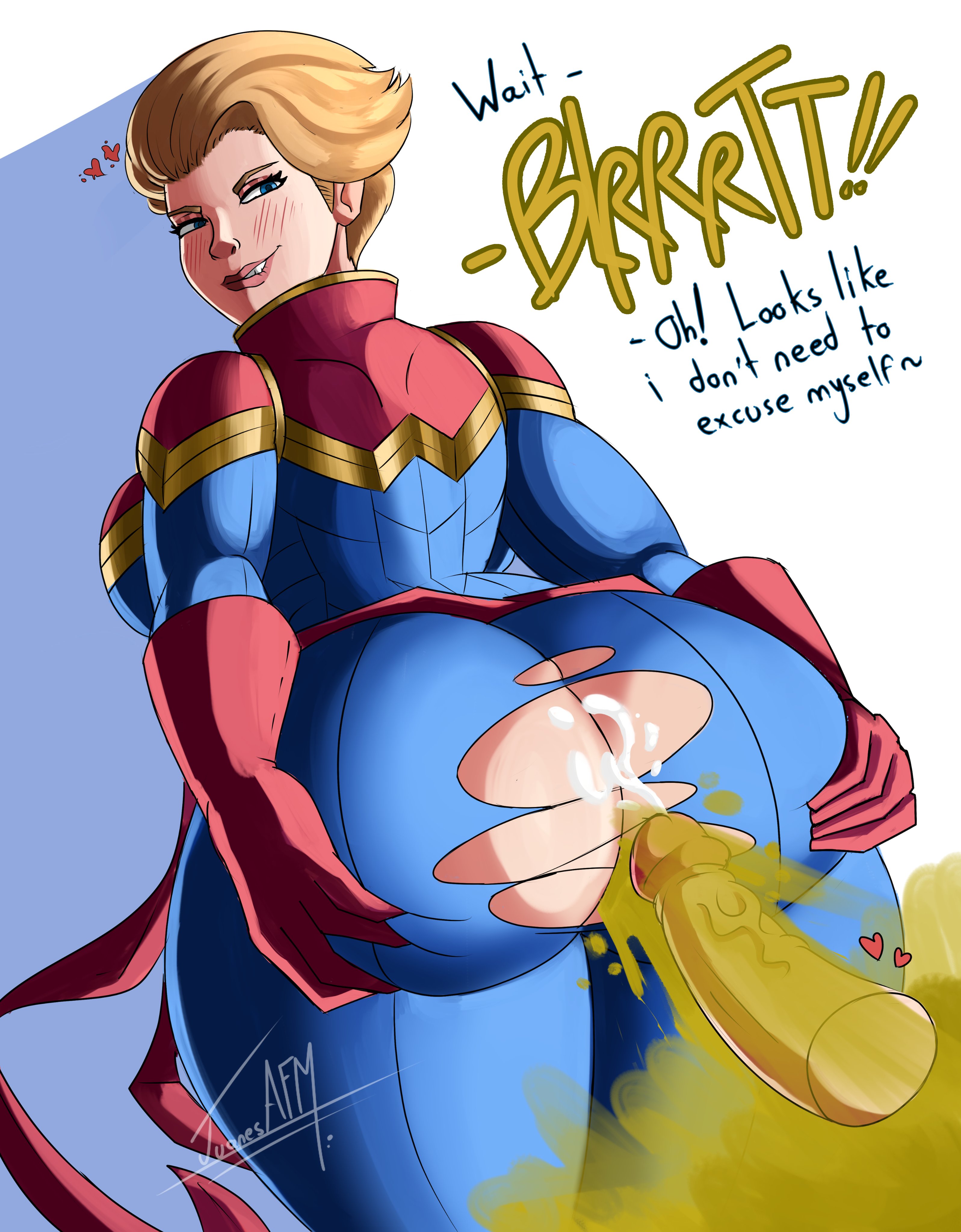 1boy, 1girls, ass, big ass, biting lip, blonde hair, blush, captain marvel, carol danvers, cum, cum from fart, cumming, disembodied penis, enjoying farting, enjoying farts, erection, fart, fart cloud, fart fetish, fart on dick, farting, farting on dick, female, juanesafm (artist), male, marvel, marvel comics, penis, short hair, torn clothes, wardrobe malfunction
