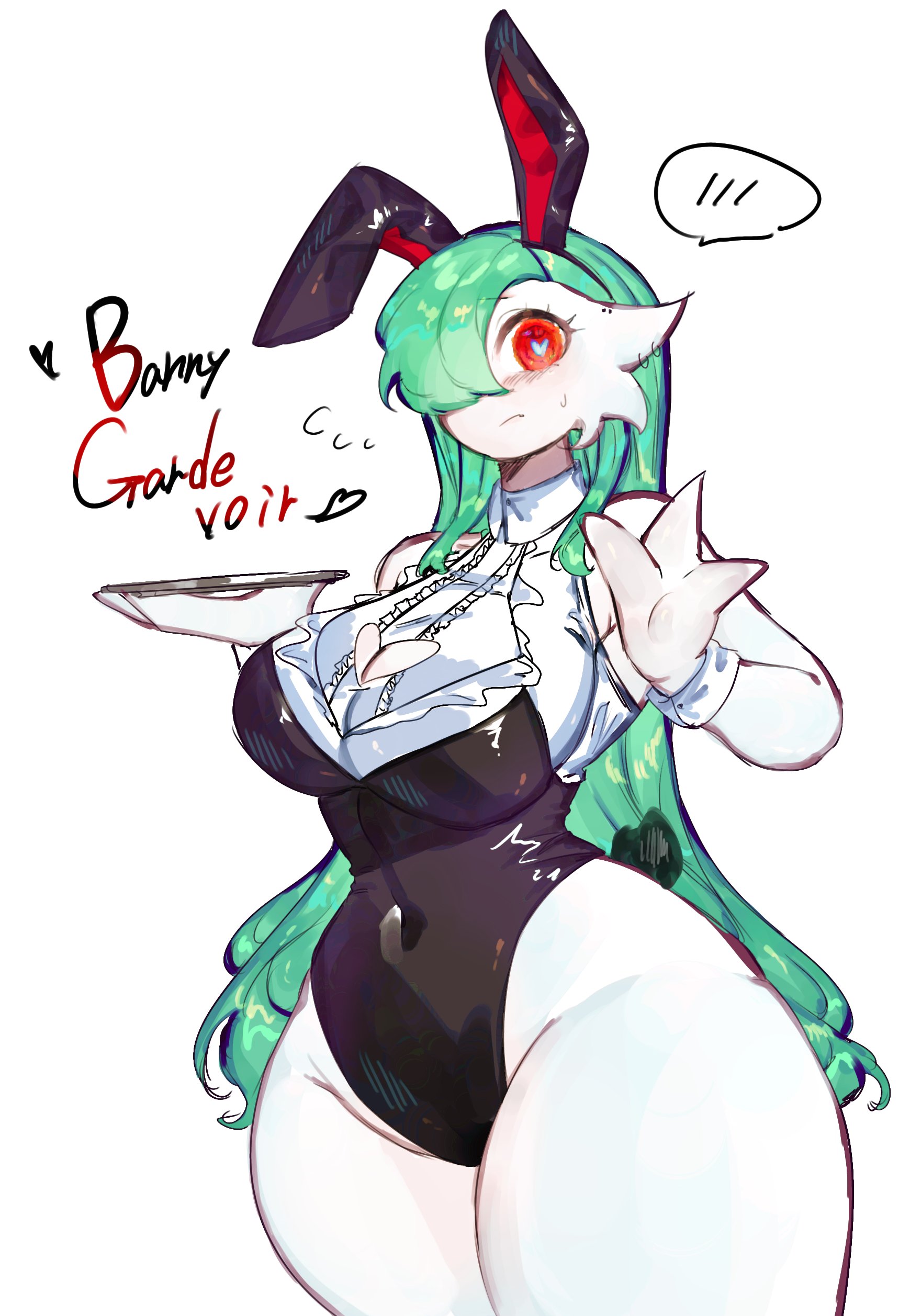 1girls, 3 fingers, big breasts, blush, breasts, bunny ears, bunnysuit, english text, female, female only, floating heart, gardevoir, green hair, hair over one eye, heart, heart-shaped pupils, hi res, leotard, long hair, looking at viewer, nintendo, pokemon, pokemon (species), red eyes, solo, solo female, solo focus, text, thick thighs, togetoge, white background, wide hips, wrist cuffs