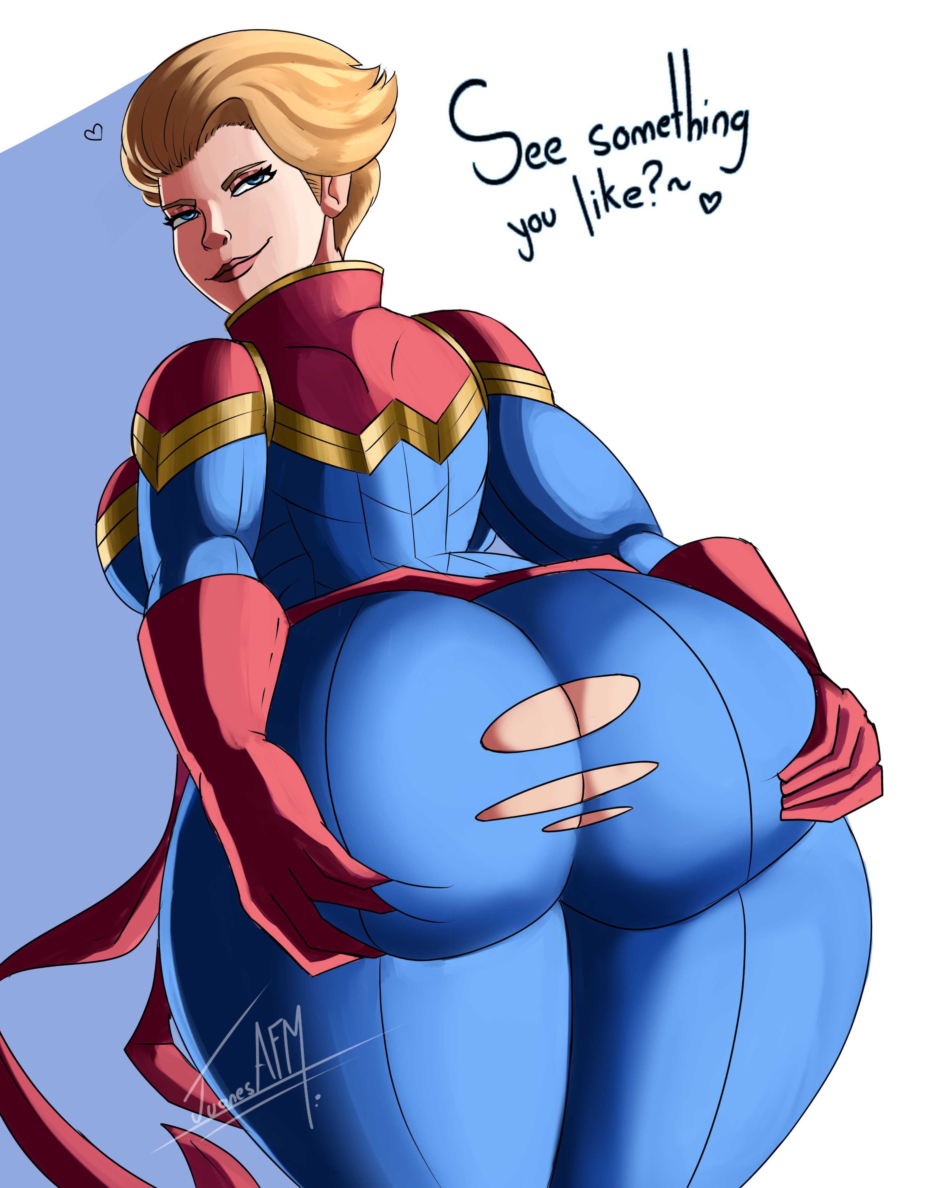 1girls, about to fart, ass, big ass, blonde hair, captain marvel, carol danvers, female, female only, juanesafm (artist), marvel, marvel comics, short hair, solo, torn clothes, wardrobe malfunction