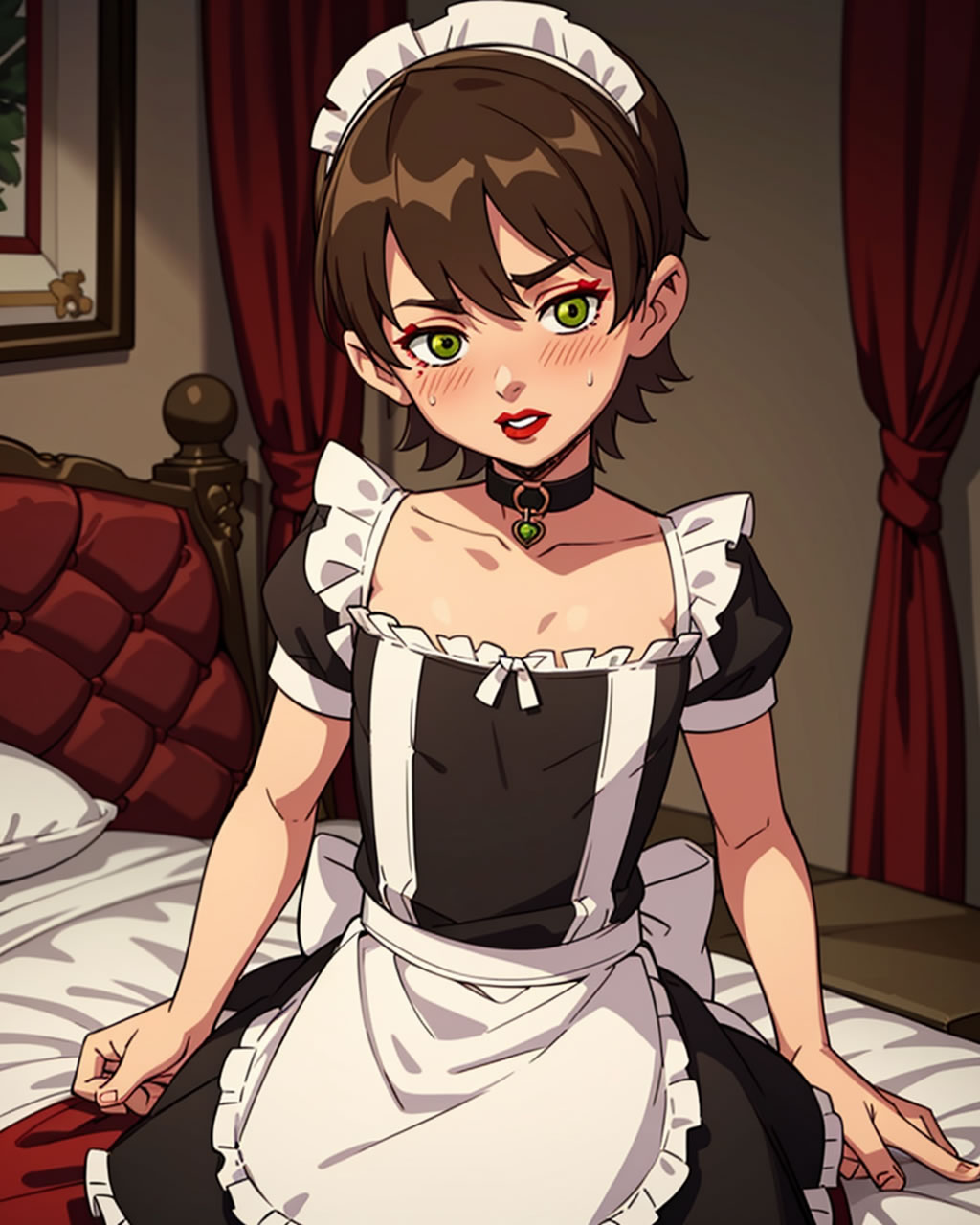 1boy, ai generated, bedroom, bedroom eyes, ben 10, ben tennyson, brown hair, choker, crossdressing, green eyes, maid, maid apron, maid headdress, maid outfit, maid uniform, male, male only, red lipstick, stable diffusion