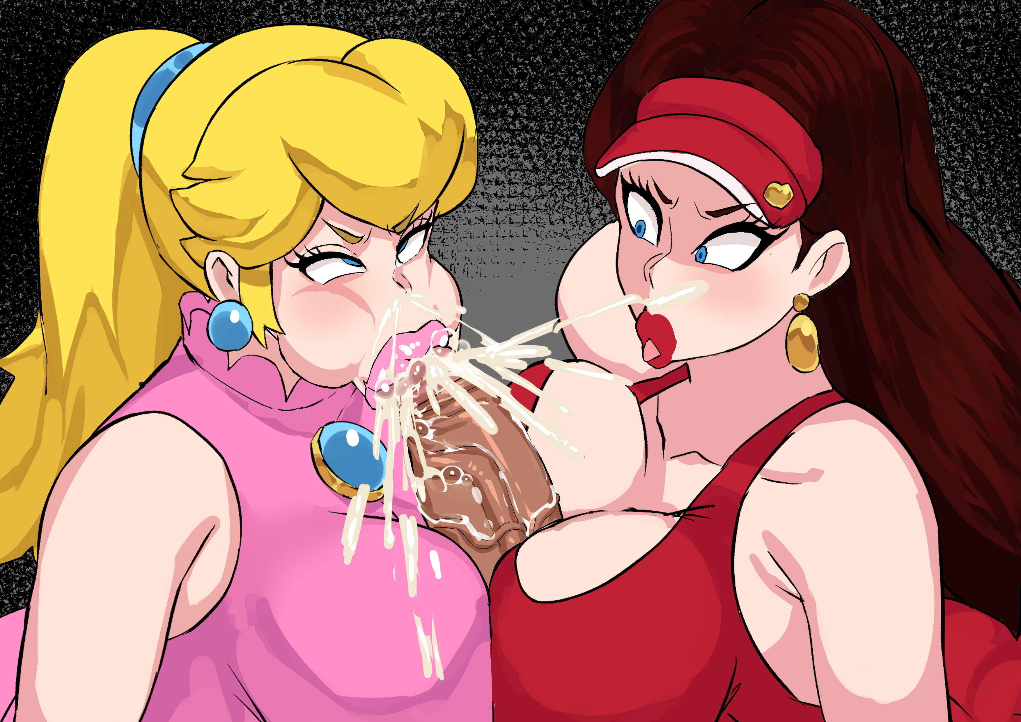 :>=, 1boy, 2d, 2girls, blonde hair, breasts, brown hair, clothing, cum filled cheeks, cum in nose, cum leaking, cum overflow, cumming from blowjob, cumming from paizufella, cyberboi, double paizuri, ejaculation in mouth, fellatio, female, filled cheeks, gigantic breasts, large breasts, male, mario, mario (series), mario tennis, multiple females, multiple girls, nintendo, paizufella, paizufella with gigantic breasts, paizuri, paizuri fellatio, paizuri with gigantic breasts, pauline, penis, ponytail, princess peach, puffed cheeks, puffy cheeks, tagme, visor