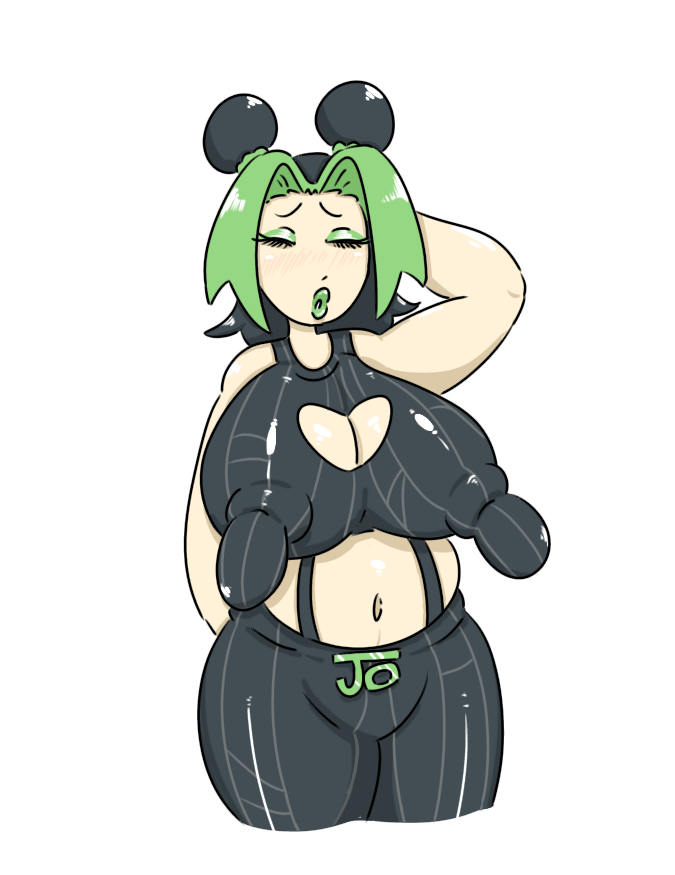 1girls, bbw, belly, belly overhang, blush, boob window, breasts, chubby, chubby female, closed eyes, clothed, eraser nipples, female, green hair, green lipstick, hairbun, hand behind head, huge belly, huge breasts, jojo's bizarre adventure, jolyne kujo, large breasts, long breasts, long nipples, mature, mature female, milf, milkbuni, nipples visible through clothing, plump, saggy breasts, shiny clothes, shiny skin, shiny thighs, short hair, solo, solo female, solo focus, stone ocean, thick, thick nipples, thick thighs