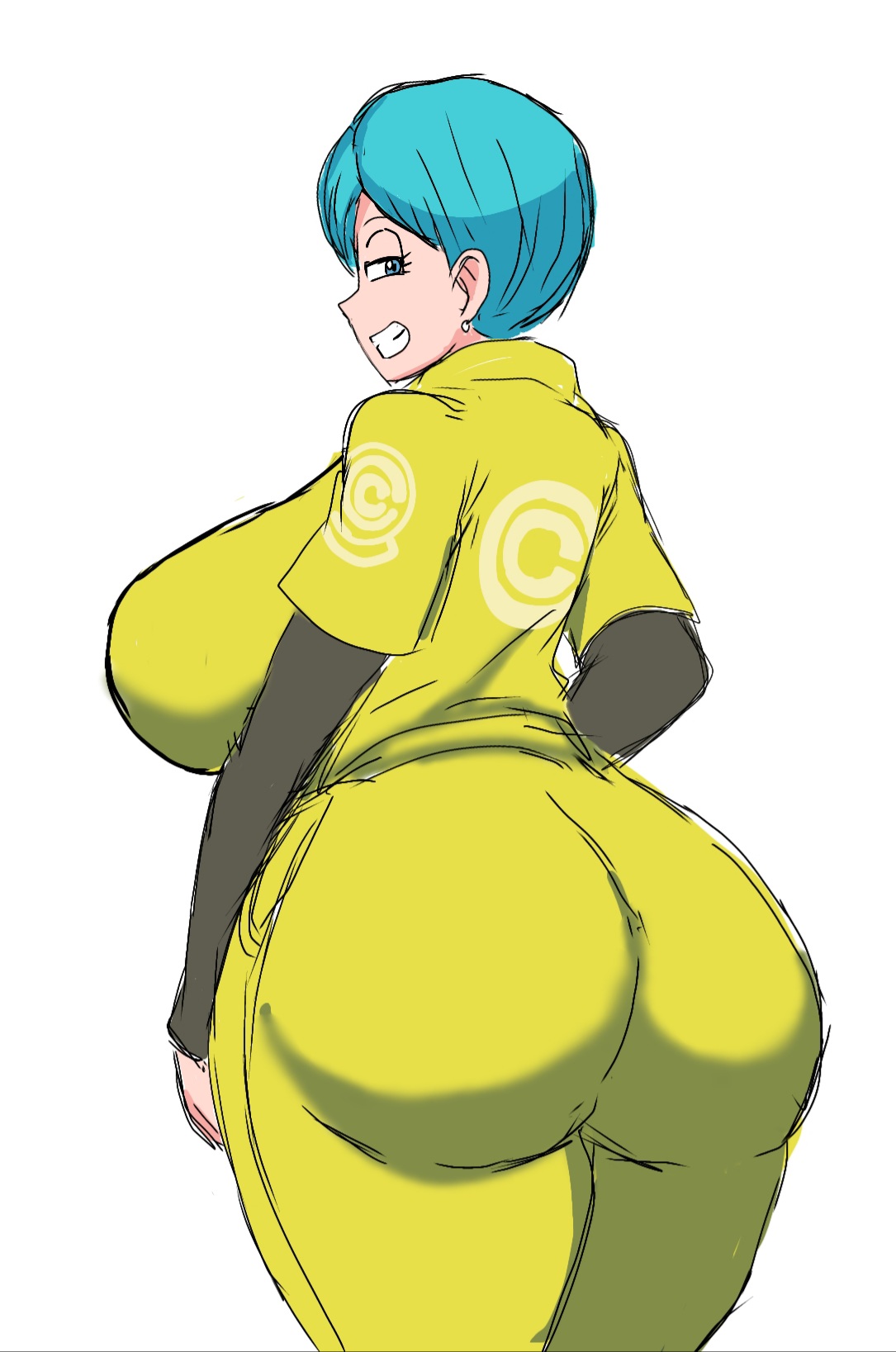 alternate version available, ass, big ass, big boobs, big butt, blue eyes, blue hair, blue-eyed female, blue-haired female, breasts, bulma briefs, bulma briefs (dragon ball super superhero), canon costume, dragon ball, dragon ball super, dragon ball super super hero, female, female only, milf, momiji (artist), smiling, solo, solo female, toei animation, white background