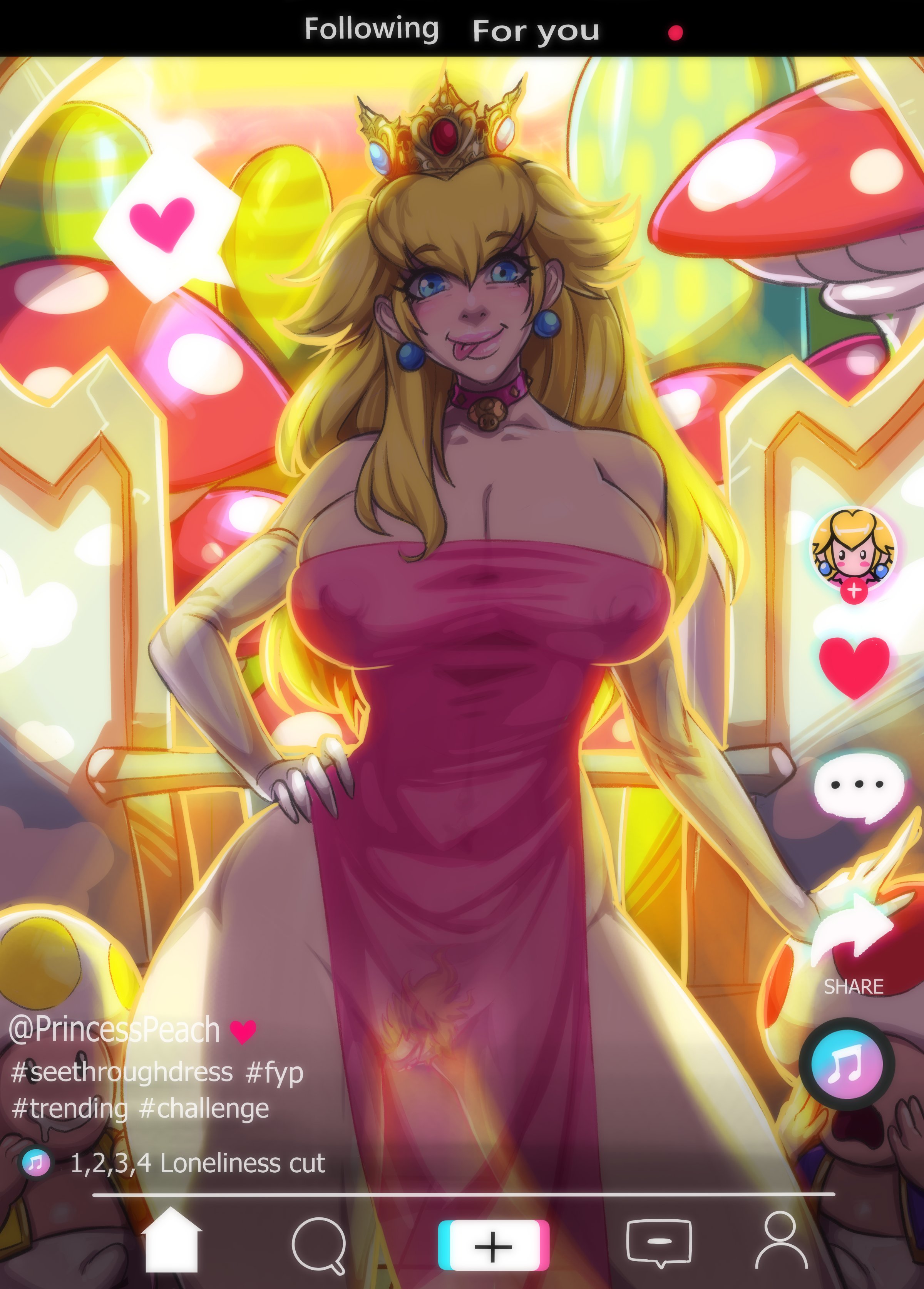 :p, 1girls, armwear, big breasts, blonde hair, blue eyes, breasts, camera view, crown, detailed background, dress, earrings, english text, female, hand on hip, long hair, looking at viewer, mario (series), nintendo, nipples visible through clothing, princess peach, pubic hair, pussy, pussy visible through clothes, see-through, see-through clothing, smiling, smiling at viewer, super mario bros., text, thick thighs, tiktok, toad (mario), turtlechan, very high resolution, wide hips