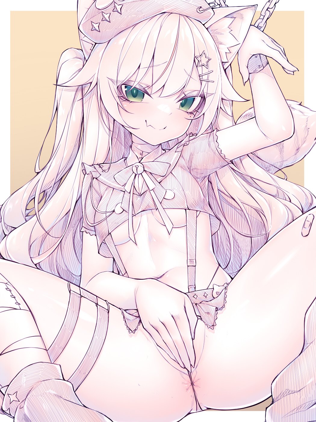 animal_ear_fluff animal_ears breasts brown_background commentary_request copyright_request female highres kupa_(jesterwii) long_hair looking_at_viewer medium_breasts monochrome sitting solo spread_legs standing two-tone_background virtual_youtuber white_background