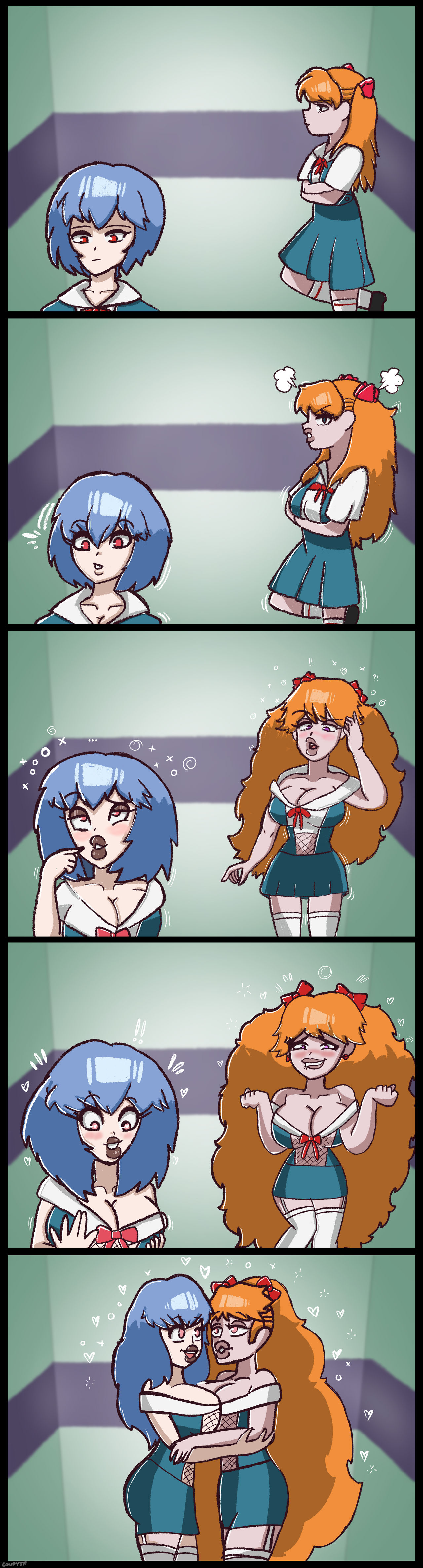 2girls, asuka langley sohryu, bimbo, bimbofication, elevator, female, female only, identity death, neon genesis evangelion, rei ayanami, school uniform, straight hair, transformation, yuri