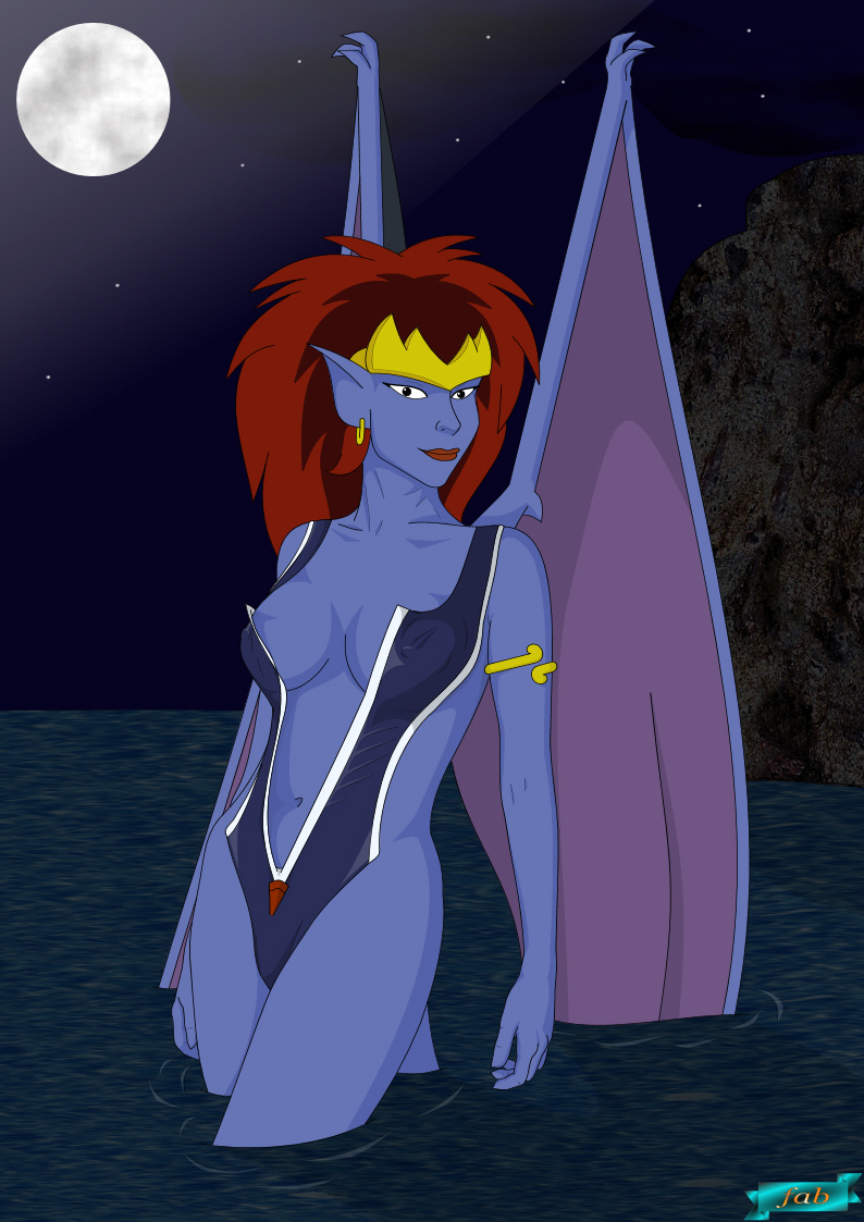 1girls blue-skinned_female blue_skin demona disney fab fab3716 female female_only gargoyles humanoid mature mature_female moon night outside solo swimsuit tagme unzipped unzipped_swimsuit water wings