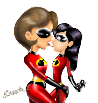 2girls armwear clothing disney elastigirl escoria eyewear female female_only footwear handwear helen_parr incest legwear mask mother_and_daughter multiple_girls pixar straight_hair teenager the_incredibles violet_parr white_background yuri