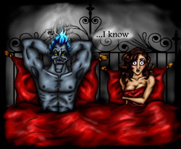 abs bed blue_fire disney female fiery_hair fire grey_skin hades_(hercules) hercules_(disney) human in_bed male megara muscles post_sex tagme