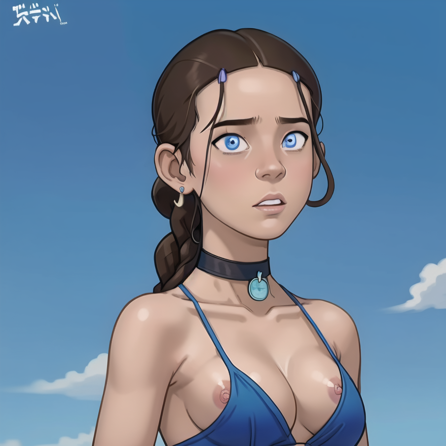1girls, ai generated, avatar legends, avatar the last airbender, bikini, blue eyes, braid, breasts, brown hair, choker, female, katara, small breasts, stable diffusion, water tribe