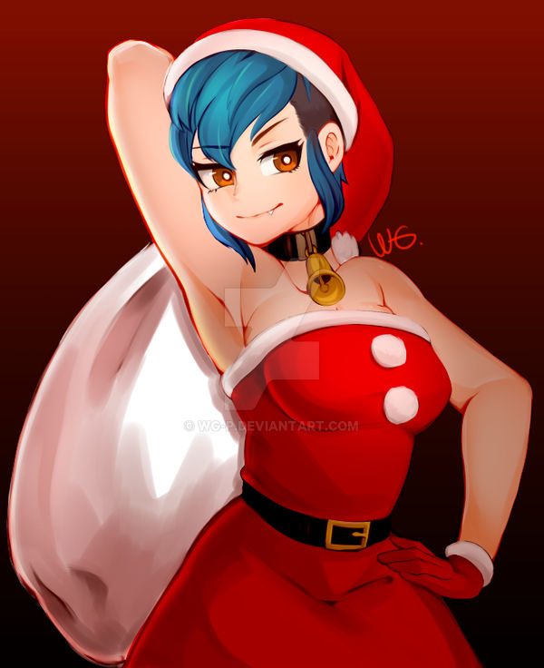 1girls arm_up armpits blue_hair cute_fang female female_only large_breasts medium_breasts payday payday_(series) payday_2 safe santa_costume santa_hat sfw solo sydney_(payday_2) tagme wg-p