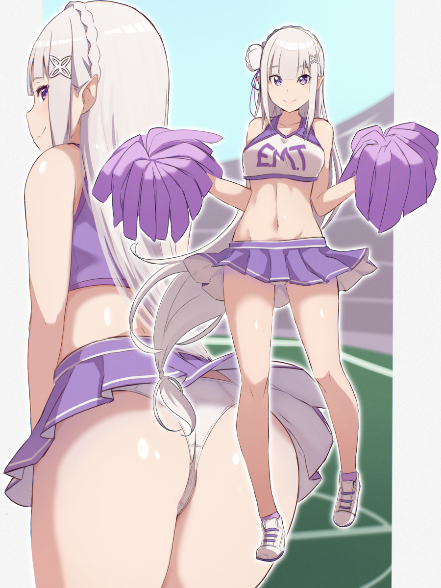 alternate_costume alternate_outfit bangs bare_arms bare_belly bare_legs bare_thighs barto braid cheering cheerleader cheerleader_uniform closed_mouth closed_smile crown_braid different_angles elf elf_ears elf_female elf_girl emilia_(re:zero) female female_focus female_only green_jewel hair_flower hair_ornament half-elf half_elf light-skinned_female light_skin long_hair low_tied_hair medium_breasts multiple_poses neck_jewelry only_female open_eyes panties_visible pointy_ears pom_poms posing presenting_hindquarters provocative purple_eyes purple_skin re:zero_kara_hajimeru_isekai_seikatsu short_skirt showing_ass showing_off showing_panties silver_hair smile smiling smiling_at_viewer solo thick_thighs underwear very_long_hair white_clothing white_flower white_hair white_legwear white_shoes wide_hips zerobarto