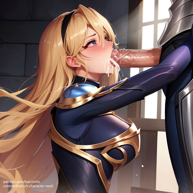 1girls ai_generated areolae back big blonde_hair blowjob blowjob_face breasts clothed female hair human league_of_legends long looking luxanna_crownguard penetration penis sucking_penis throat_bulge throat_fuck vaginal_penetration