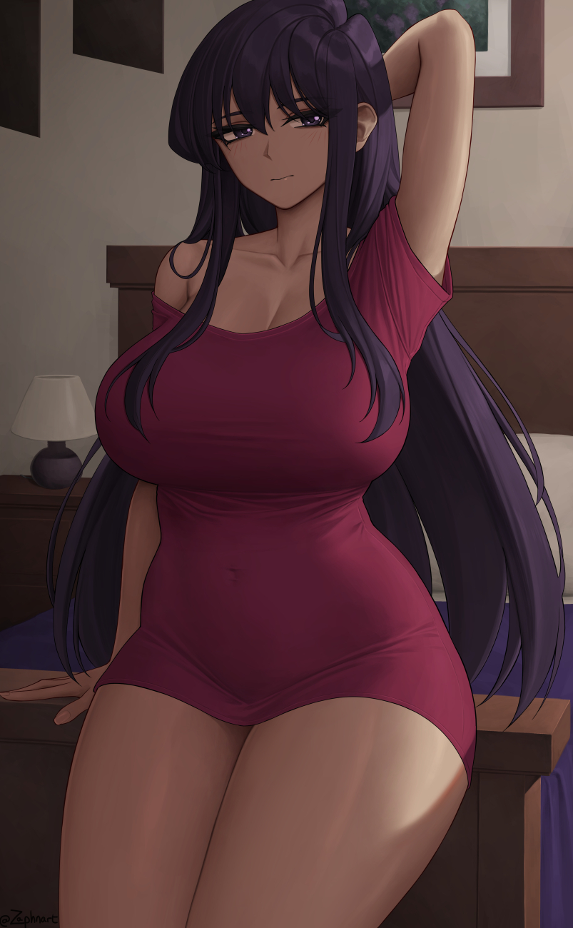 1girls alternate_body_type alternate_breast_size black_hair breasts female hips huge_breasts indoors komi-san_wa_komyushou_desu komi_shouko long_hair sleepwear smile thick_thighs thighs tight_clothing wide_hips zaphn