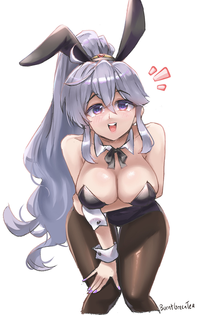 1girls :d alternate_costume animal_ears black_leotard breasts bunny_ears bunny_girl bunnysuit burnt_green_tea cleavage commentary_request fake_animal_ears feet_out_of_frame female female_only fire_emblem fire_emblem:_genealogy_of_the_holy_war grey_hair hair_between_eyes ishtar_(fire_emblem) large_breasts leotard long_hair looking_at_viewer nail_polish nintendo open_mouth pantyhose playboy_bunny ponytail purple_eyes purple_nails rabbit_ears smile solo standing strapless strapless_leotard thighs very_long_hair wrist_cuffs