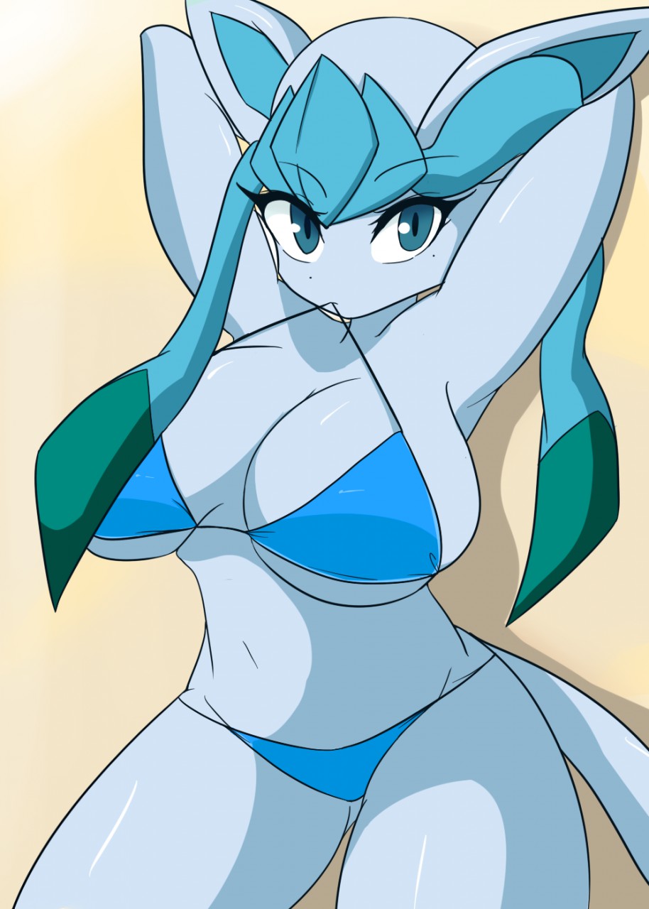 1girls anthro armpits arms_behind_head bikini blue_bikini eeveelution female furry glaceon large_breasts pokémon_(species) pokemon solo sugaru thighs