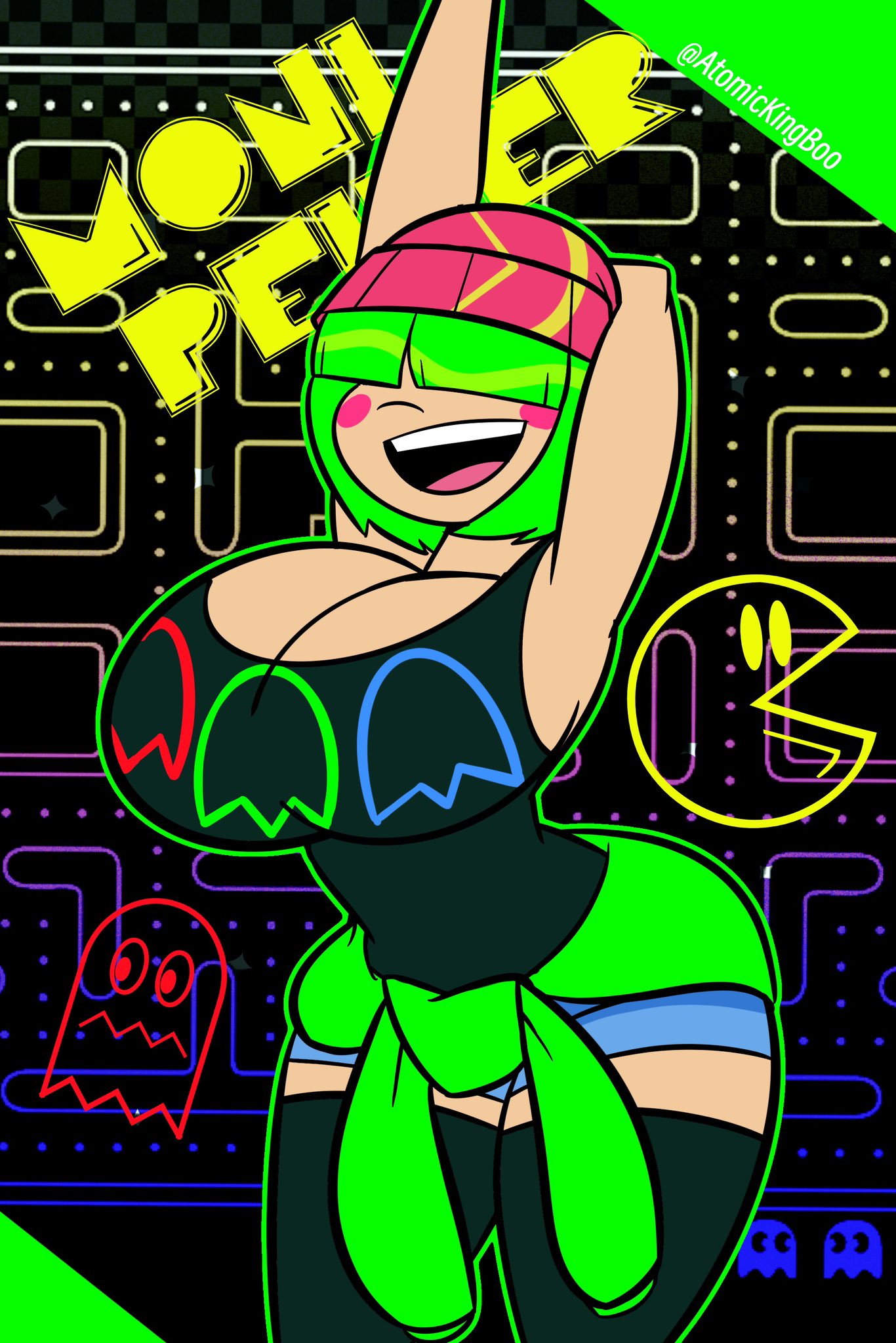 1girls 2023 asian asian_female atomickingboo bandai_namco bangs bangs_over_eyes big_breasts breasts cleavage eyes_covered female gamer_girl ghost green_hair hair_over_eyes maze moni_peiper namco pac-man pac-man_(series) shorts tank_top thighhighs