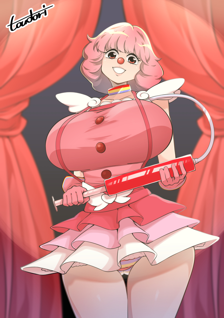 1girls, big breasts, breasts, breasts bigger than head, clown, clown girl, clown makeup, clown nose, eyebrows, fake breasts, female, female focus, female only, geiru toneido, gyakuten saiban, large breasts, light skin, light-skinned female, lipstick, looking at viewer, panties, pink eyes, red eyes, skirt, solo, solo female, solo focus, thighs, toudori