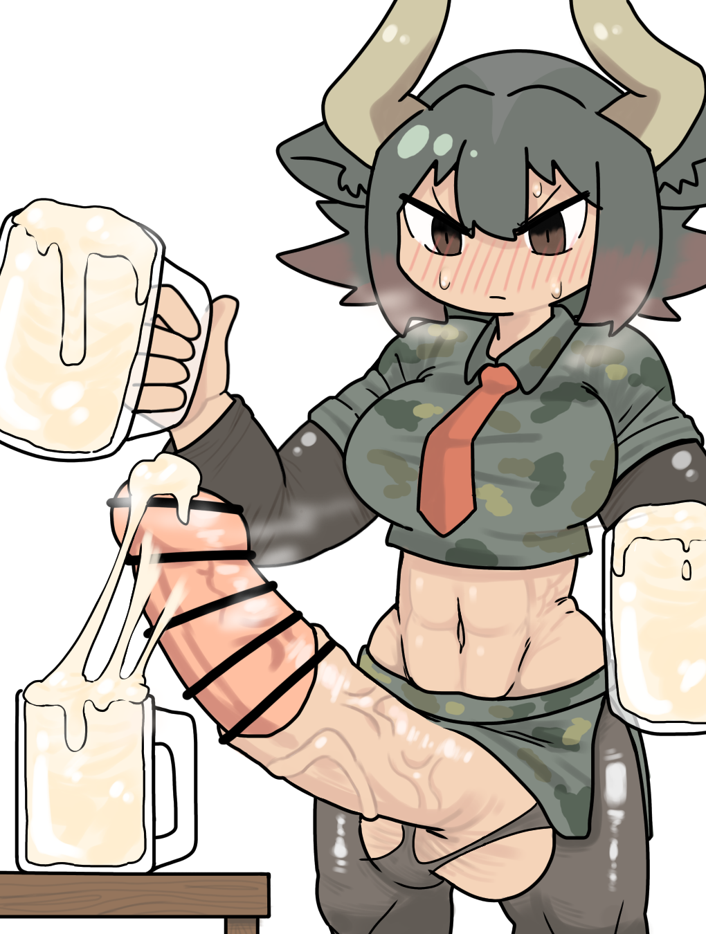 1futa animal_ears animal_genitalia animal_humanoid animal_penis aurochs_(kemono_friends) balls beer_mug big_penis blush bodily_fluids breasts camo camo_clothing camo_print camo_topwear censored clothed clothing cum cum_in_container cum_in_cup ejaculation equine_genitalia equine_penis erection excessive_cum excessive_genital_fluids futa_only futanari genital_fluids genitals green_hair gynomorph hair hand_on_hip hi_res horn huge_cock humanoid intersex kemono_friends kemonomimi kin_patsu_shi_yokushu light-skinned_futanari light_skin looking_at_genitalia mammal mostly_clothed mug navel necktie pattern_clothing pattern_topwear penis solo speed_lines standing sweat topwear torn_clothing vein veiny_penis