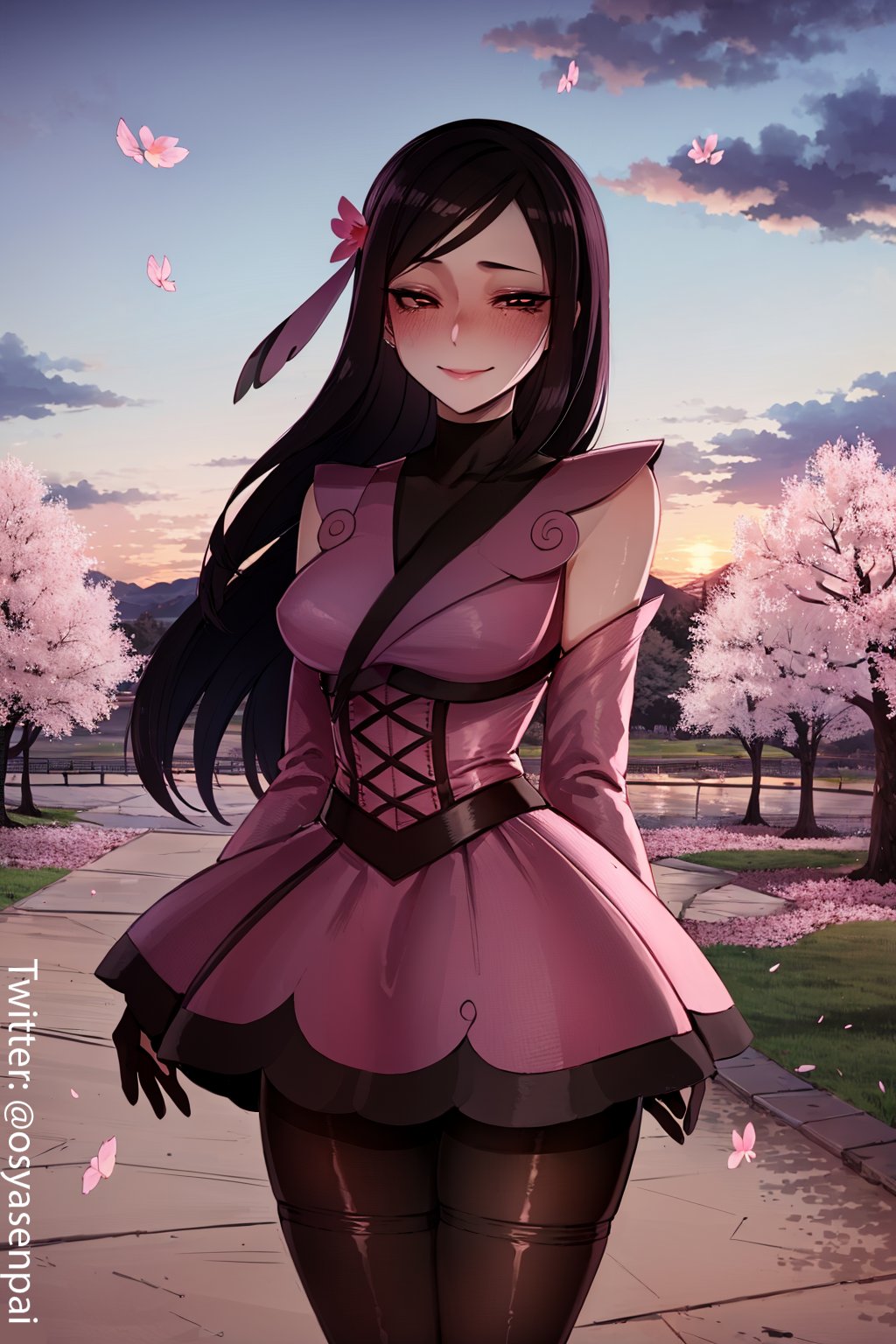 1girls, ai generated, black hair, breasts, dark hair, female, female only, game freak, long hair, looking at viewer, medium breasts, nintendo, osyasenpai, pokemon, pokemon xy, smile, solo, solo female, stable diffusion, valerie (pokemon)