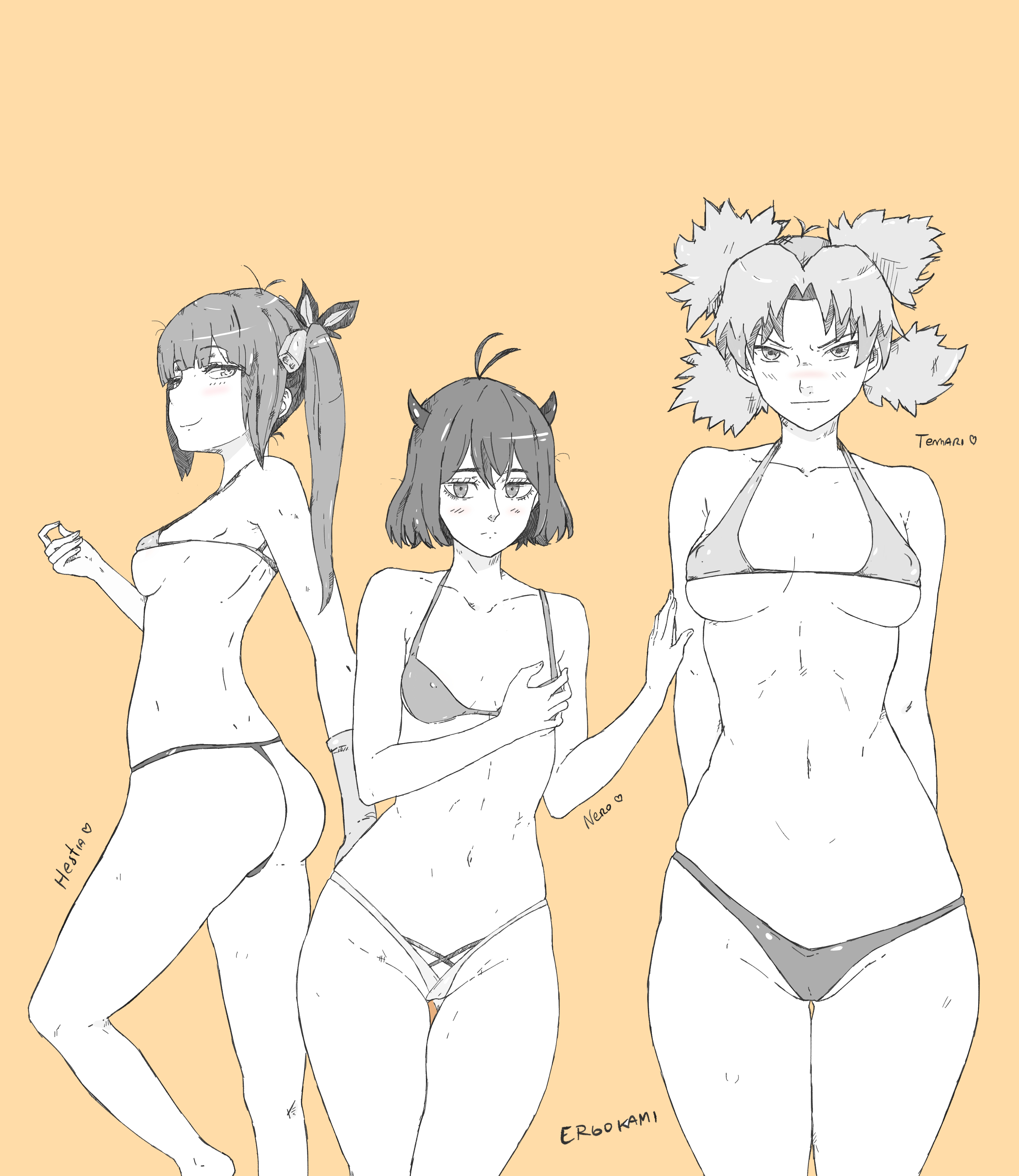 3girls, ahoge, arms behind back, ass, bikini, black clover, blunt bangs, blush, breast grab, breasts, cameltoe, character name, crossover, curvaceous, dungeon ni deai wo motomeru no wa machigatteiru darou ka, embarrassed, ergokami, feet out of frame, female, female only, front view, g-string, grabbing own breast, hestia (danmachi), highleg, highleg swimsuit, holding partner, horns, long hair, looking at viewer, micro bikini, midriff, multiple females, multiple girls, naruto, naruto (series), naruto shippuden, parted bangs, partially colored, petite, plain background, ponytail, pussy, quad tails, secre swallowtail, short hair, side view, sideboob, simple background, skimpy, skimpy bikini, smile, swimsuit, take your pick, temari, text, thong, thong bikini, twintails, wide hips, yellow background