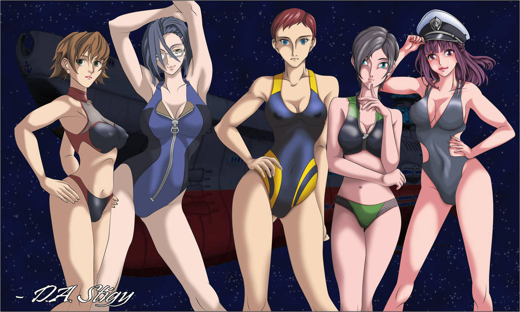 5girls bikini breasts_visible_through_clothing da_stigy's_artbook kaoru_niimi megumi_kanzaki military_cap mina_ichinose nipples_visible_through_clothing quintet saki_todo space_background space_battleship_yamato space_battleship_yamato_2199 swimwear urara_kusakabe