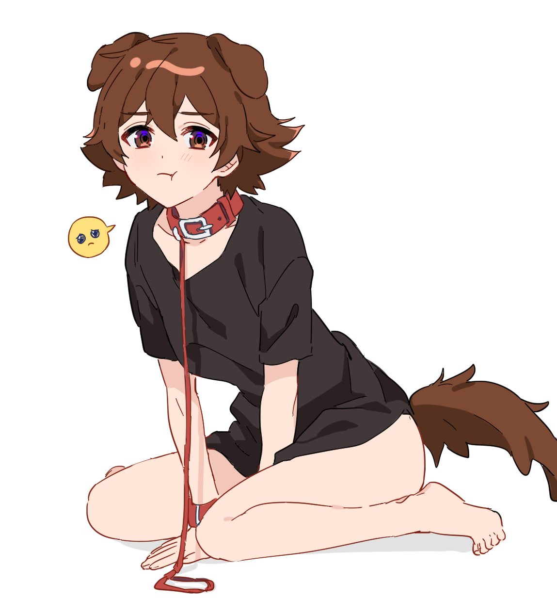 1boy 8o8c8o8 brown_hair collar dog_boy dog_ears dog_tail feet femboy hilbert_(pokemon) leash leash_and_collar male_only no_pants partially_clothed pokemon pokemon_bw pout puppyplay shirt