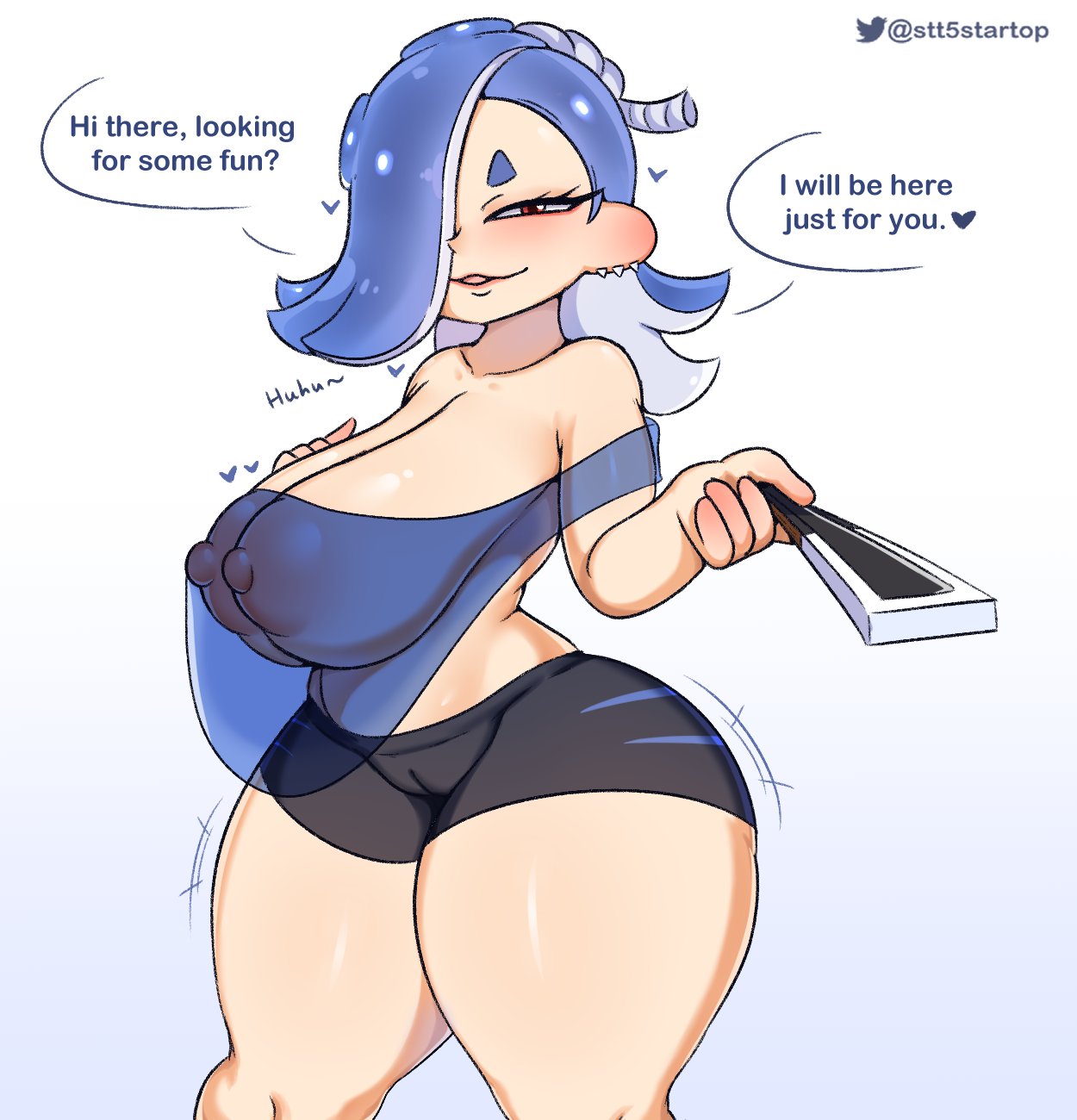 1girls, alternate breast size, blue hair, breasts, cameltoe, female, hair over one eye, hips, huge breasts, light skin, light-skinned female, medium hair, naughty face, nintendo, nipples, octoling, pussy, red eyes, shiver (splatoon), splatoon, splatoon (series), splatoon 3, startop, thick thighs, thighs, wide hips