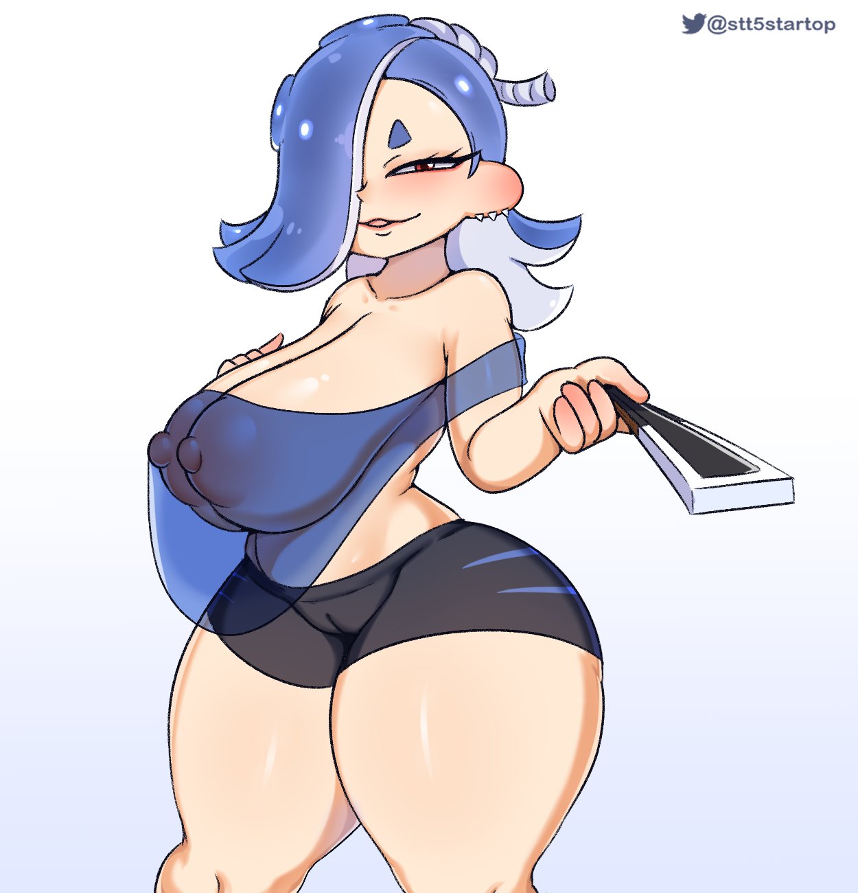 1girls, alternate breast size, blue hair, breasts, female, hair over one eye, hips, huge breasts, light skin, light-skinned female, medium hair, naughty face, nintendo, nipples, octoling, red eyes, shiver (splatoon), splatoon, splatoon (series), splatoon 3, startop, thick thighs, thighs, wide hips