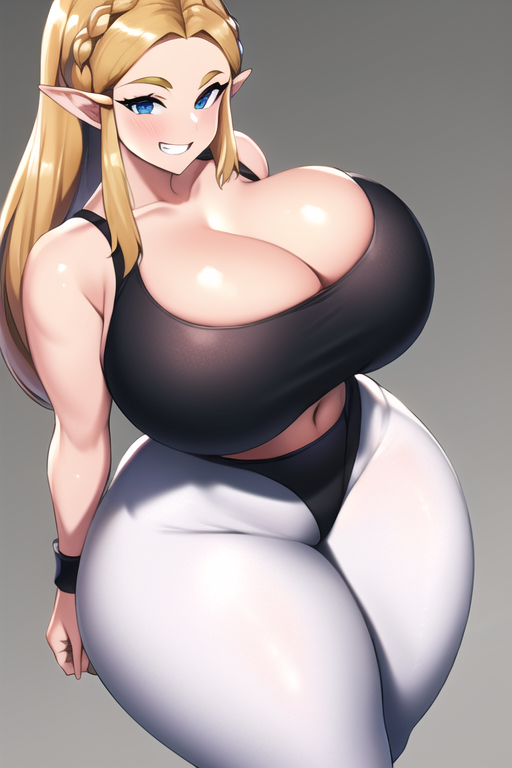 ai_generated bimbo black_tank_top blonde_hair blue_eyes cleavage curvaceous curvy curvy_figure gigantic_breasts huge_breasts huge_cleavage huge_hips leggins long_hair looking_at_viewer nai_diffusion princess_zelda seductive_smile shiny_clothes shiny_hair shiny_skin stable_diffusion tank_top the_legend_of_zelda thick_thighs thunder_thighs voluptuous white_leggings wide_hips