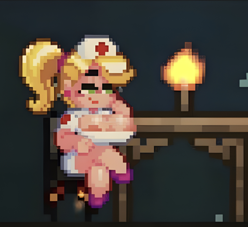 1girls barely_clothed big_breasts blonde_hair breasts casual casual_nudity exposed_breasts female green_eyes horny horny_female nude nurse nurse_(terraria) nurse_cap pixel_art ponytail screenshot seductive seductive_smile sitting skimpy smile solo solo_female terraria topless