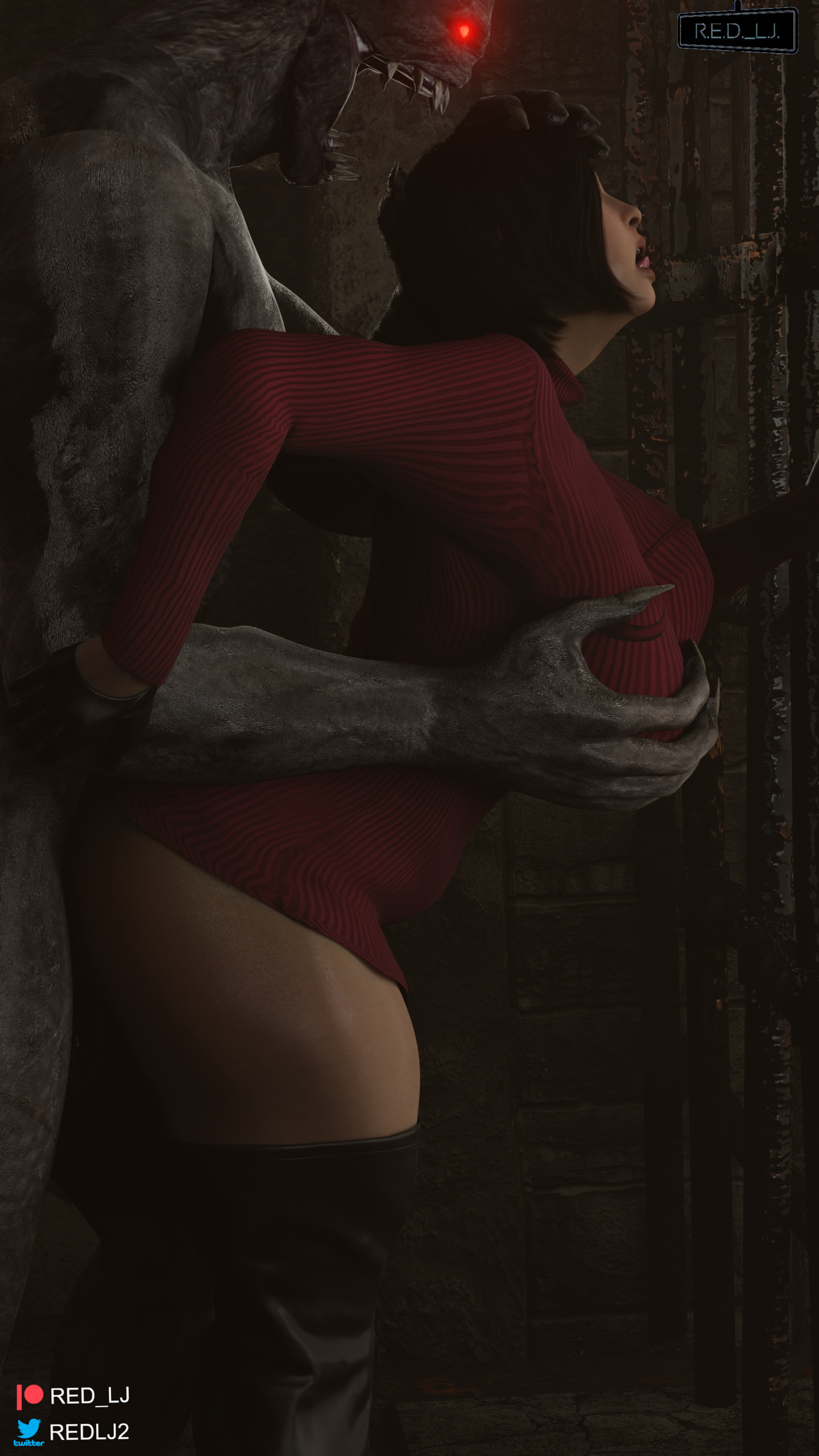 1boy, 1girls, 1monster, 3d, ada wong, ada wong (adriana), ahe gao, ass, biohazard, black gloves, black hair, blender, blender (software), breast grab, capcom, doggy style, female, from behind, gloves, glowing eyes, leather gloves, male, monster, partially clothed, rape, red lj, regenerador, resident evil, resident evil 4, resident evil 4 remake, sex, sweater, sweater dress, thigh boots, thighhigh boots, tongue, tongue out