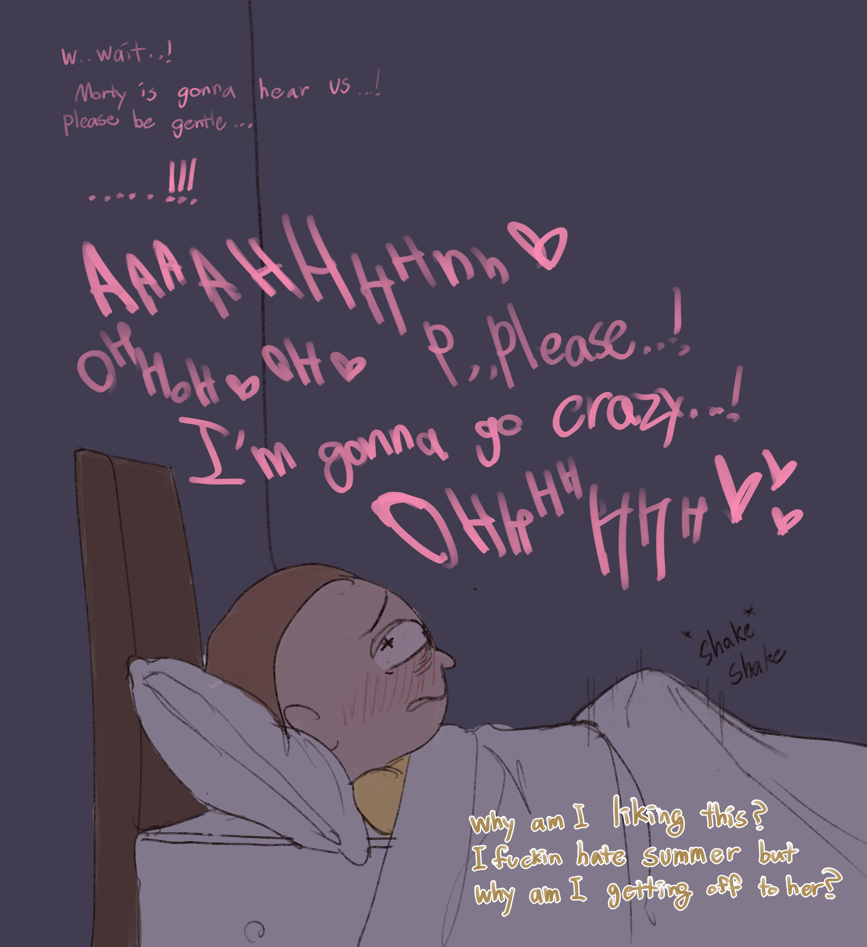 1boy, english text, female, listening, listening to sex, male, masturbation, morty smith, no visible genitalia, rick and morty, solo, summer smith, teenager, text, under covers, wjs07, young