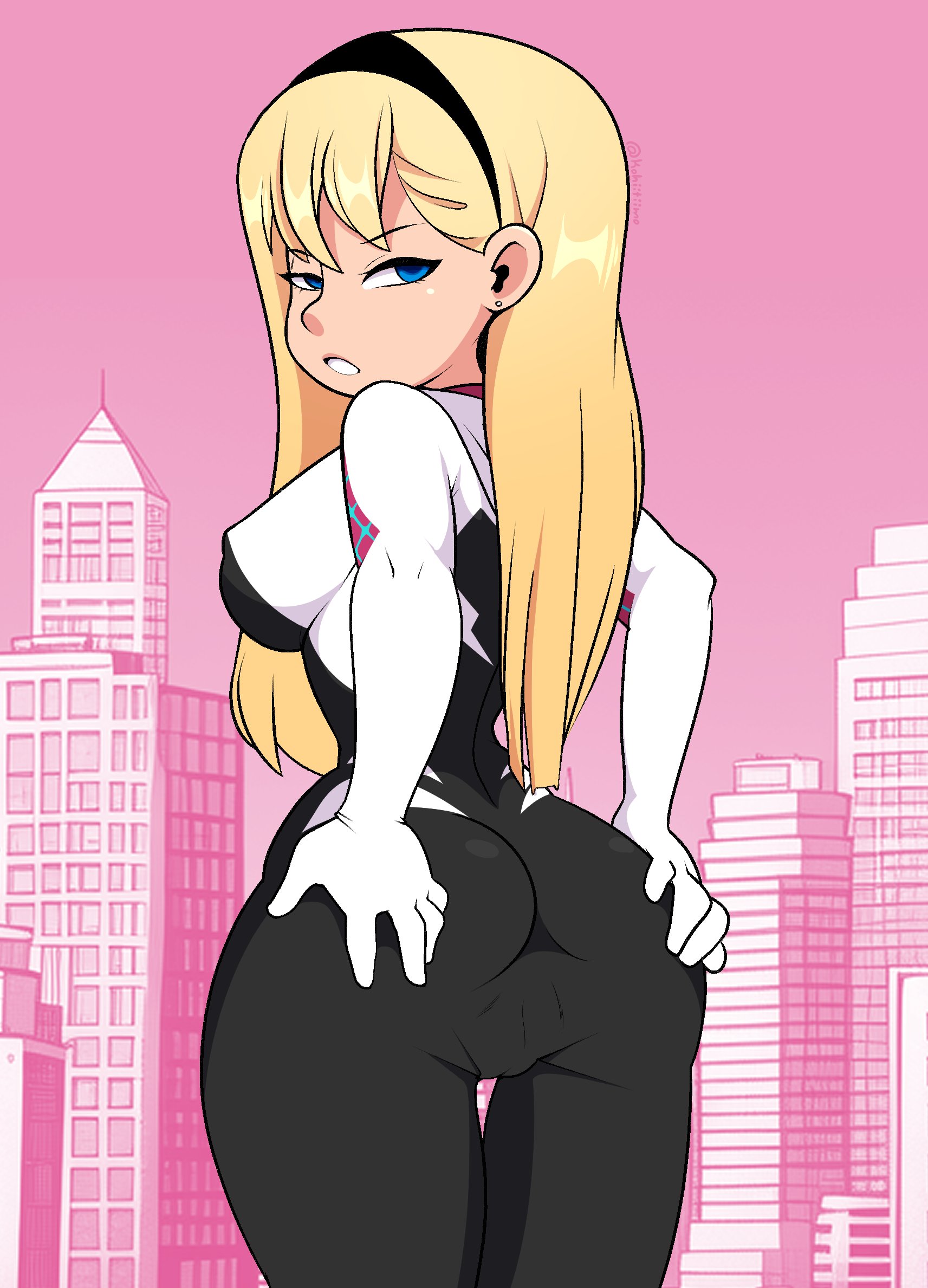 1girls, 2023, ass, blonde hair, blue eyes, clothed, clothing, female, female focus, female only, gwen stacy, hairband, kohiitiimo, light skin, light-skinned female, marvel, marvel comics, rear view, spider-gwen, spider-man (series), spider-man: into the spider-verse, spread ass, spreading ass, superheroine