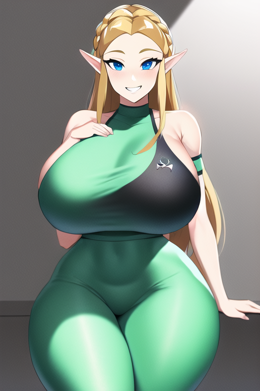 ai_generated bimbo blonde_hair blue_eyes curvaceous curvy curvy_figure gigantic_breasts green_leggings green_tank_top huge_breasts huge_hips leggins long_hair looking_at_viewer nai_diffusion princess_zelda seductive_smile shiny_clothes shiny_hair shiny_skin stable_diffusion tank_top the_legend_of_zelda thick_thighs thunder_thighs voluptuous wide_hips