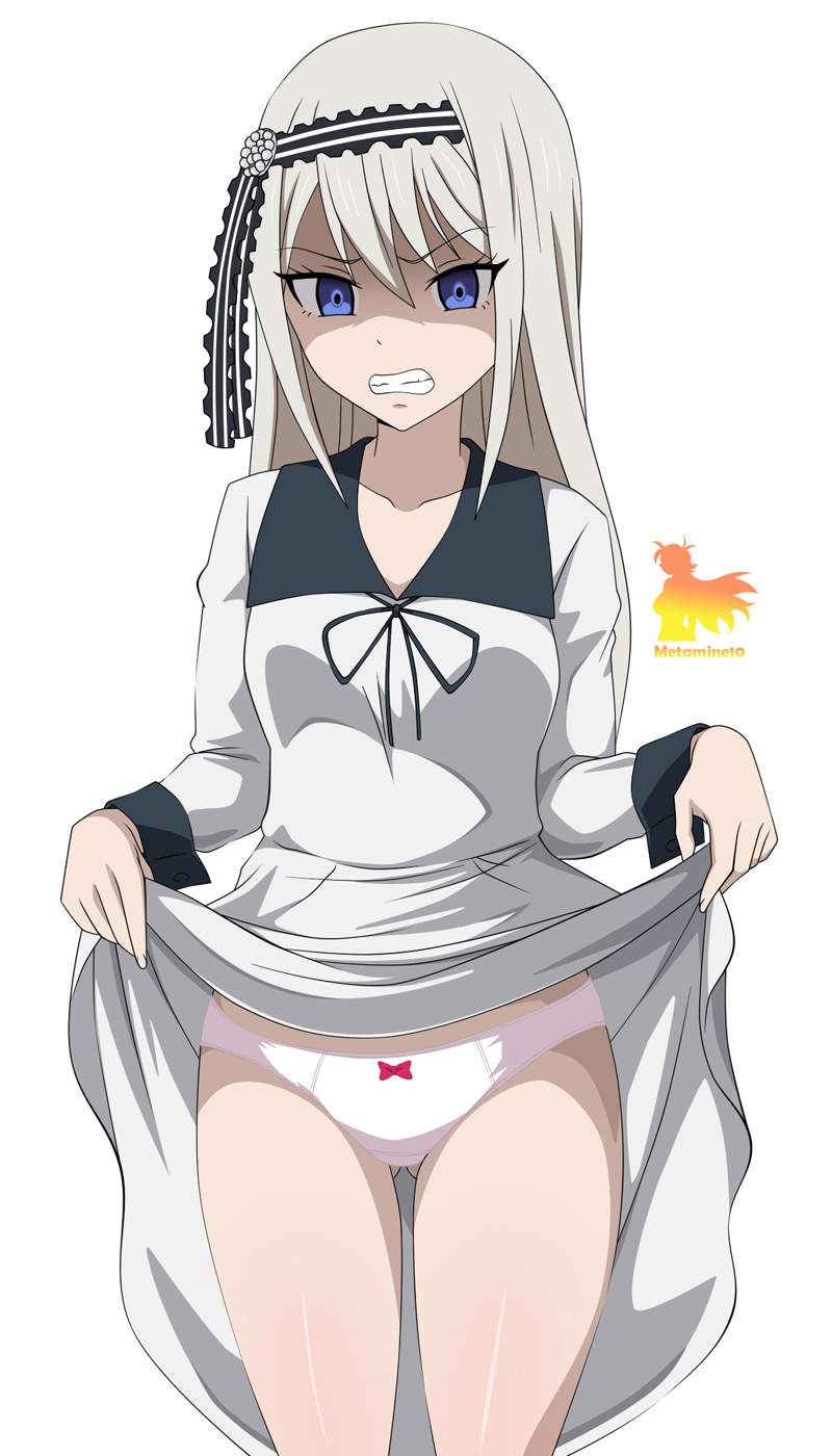 1girls angry_face blue_eyes female female_only kaguya-sama_wa_kokurasetai_~tensai-tachi_no_renai_zunousen~ metamine10 school_uniform shirogane_kei showing_panties sister skirt_up solo tsundere white_hair