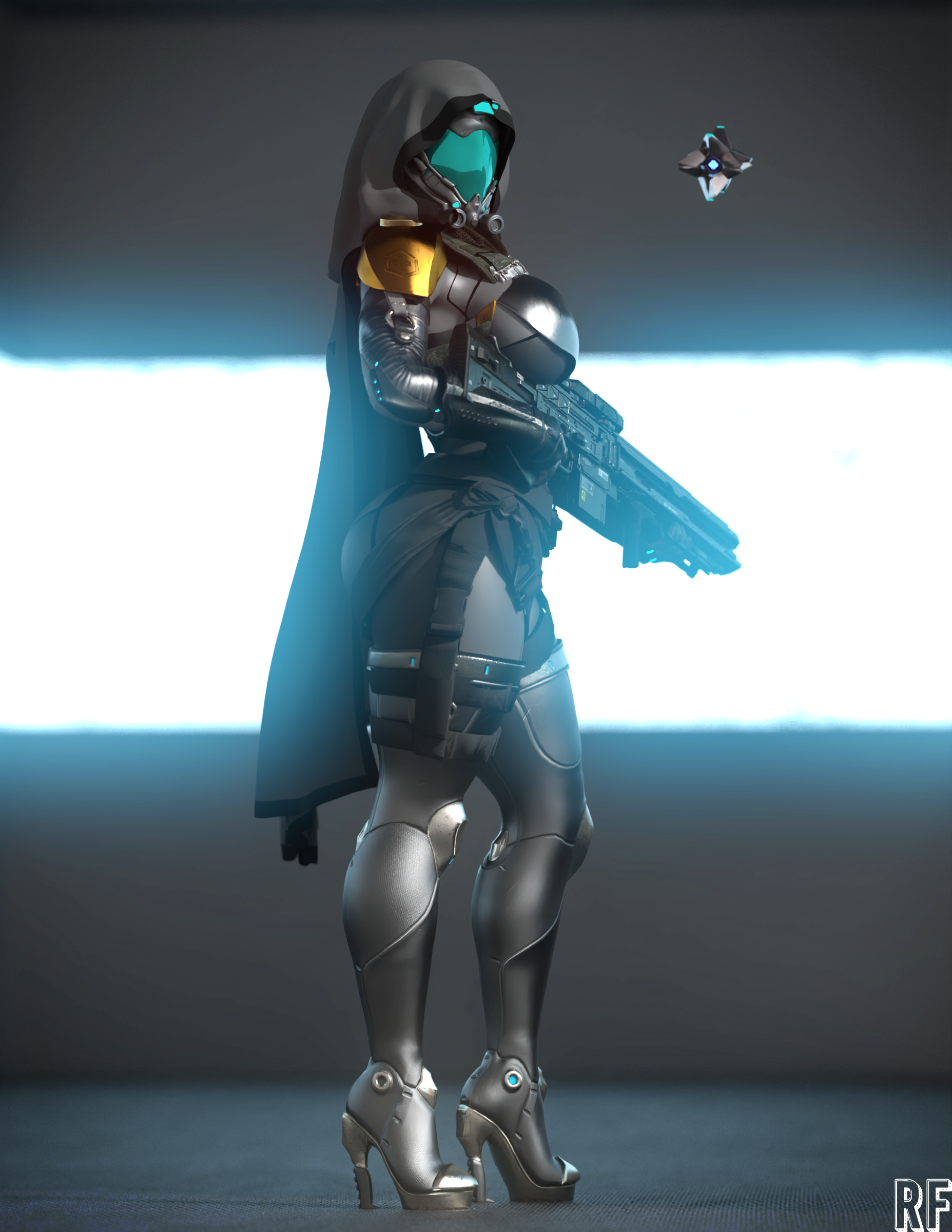 1girls, 2023, 3d, 3d (artwork), armored, armored boots, armored gloves, ass, assault rifle, big ass, big breasts, big butt, big thighs, boots, breasts, bungie, busty, cloak, curvaceous, curves, curvy, curvy body, curvy female, curvy figure, curvy hips, dark clothing, destiny (game), destiny 2, female, female focus, female only, fully clothed, ghost (destiny), gloves, guardian (destiny), gun, helmet, hi res, high heels, highres, hips, hooded cloak, horns, hourglass figure, huge ass, hunter (destiny), knight, large ass, large breasts, large butt, large thighs, pauldrons, rude frog, slim waist, solo, solo female, solo focus, standing, thick thighs, thigh gap, thighs, voluptuous, walking, weapon, wide hips