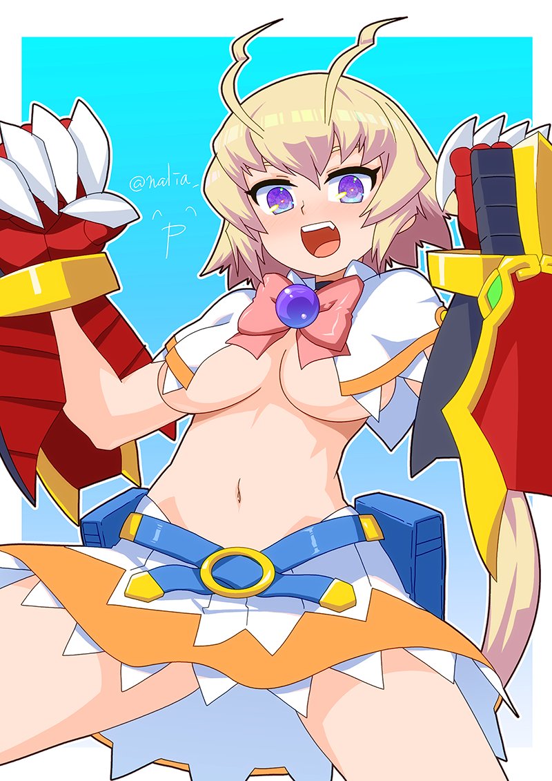 1girls amanohara_minori arcana_heart big_breasts blonde_hair breast_curtains breasts busty capelet female female_only large_breasts legs looking_at_viewer nalia navel open_mouth purple_eyes short_hair skirt smile solo thighs underboob voluptuous