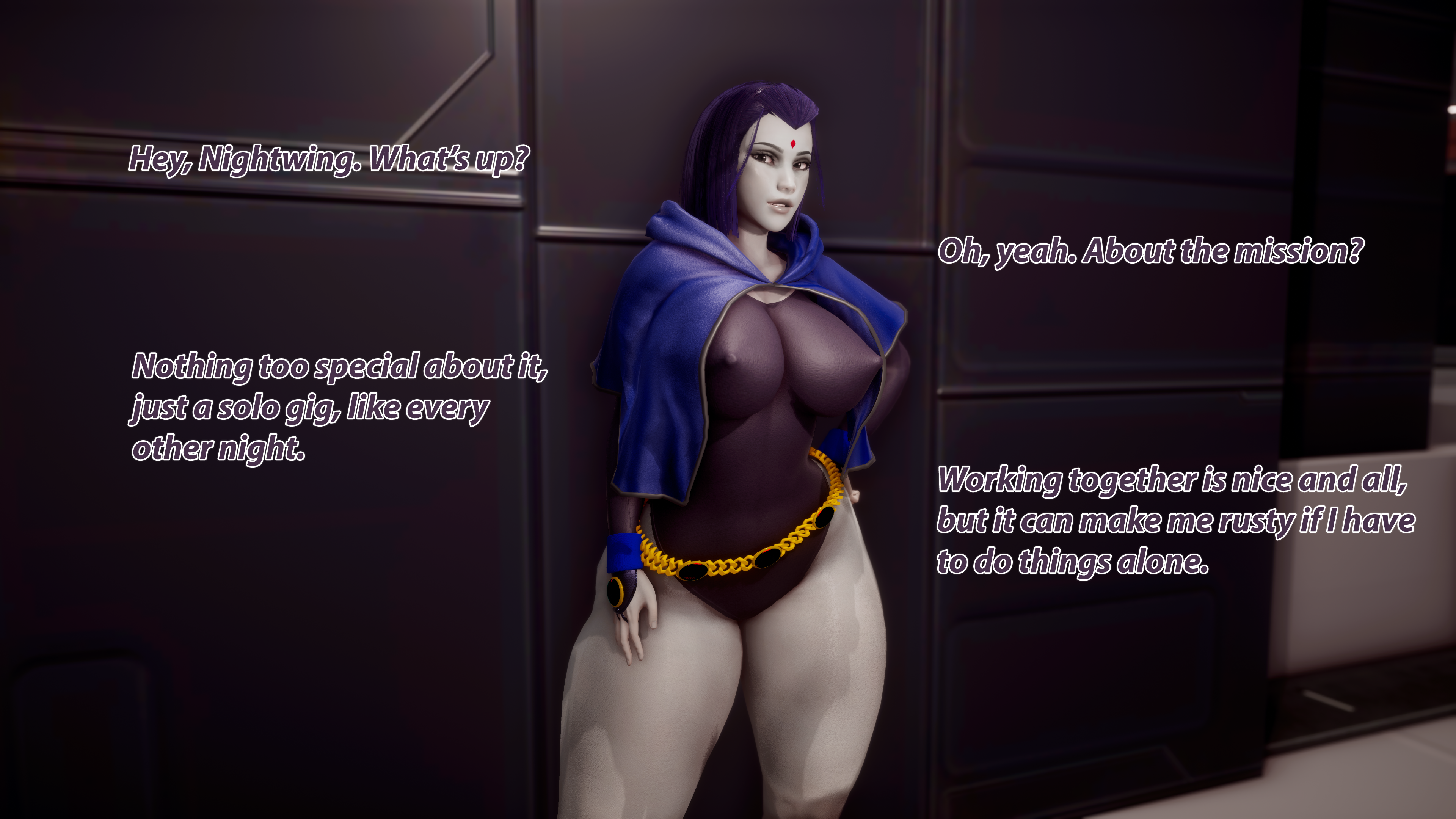 1girls, 3d, alternate breast size, arcrad, big breasts, breasts, busty, curvaceous, curvy, curvy body, curvy female, curvy figure, dc, dc comics, english text, female, female only, fully clothed, huge breasts, large breasts, purple hair, rachel roth, raven (dc), solo, teen titans, text, tight clothing, voluptuous