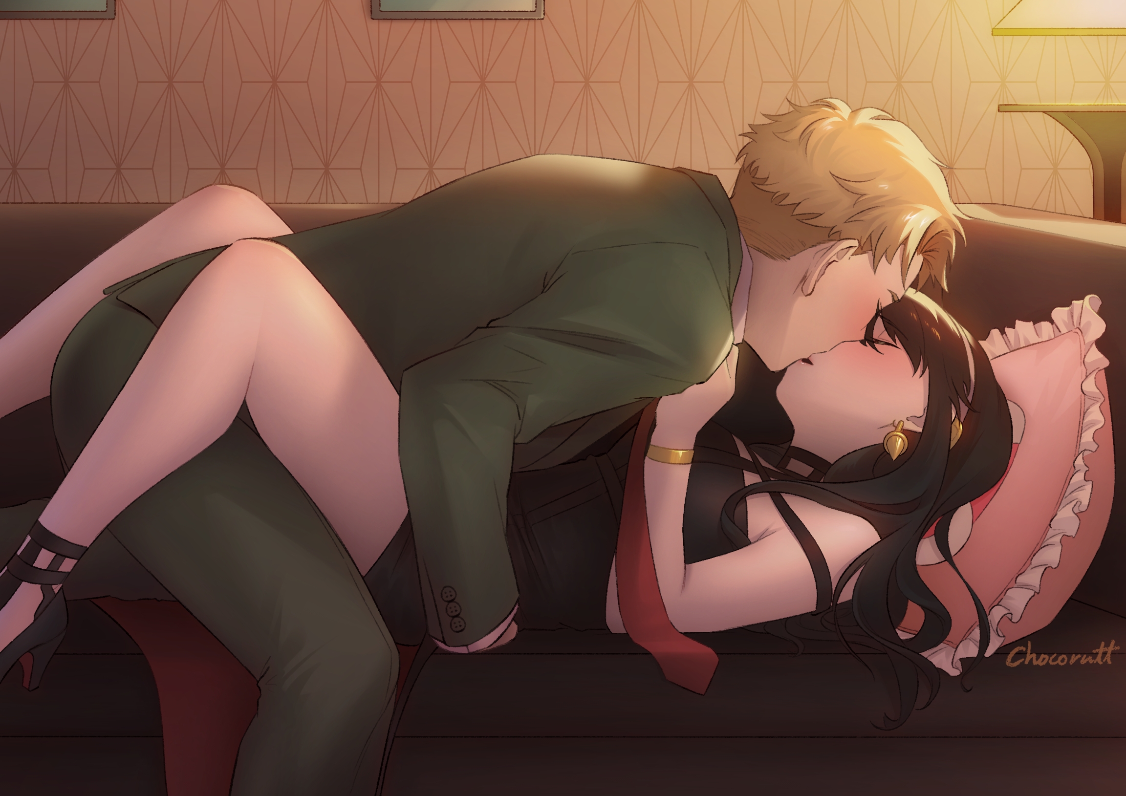 1boy, 1girls, assassin, chocorutt, couch, earrings, female, female human, gold hairband, hairband, high heels, human, human male, husband and wife, imminent sex, kissing, light skin, light-skinned female, loid forger, male, mature female, mature male, missionary position, no sex, on back, passionate, spread legs, spy x family, thorn princess, yor briar, yor forger