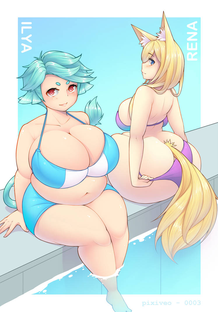 2girls big_ass big_breasts blue_hair chubby female female_only kitsune pixiveo pool tagme