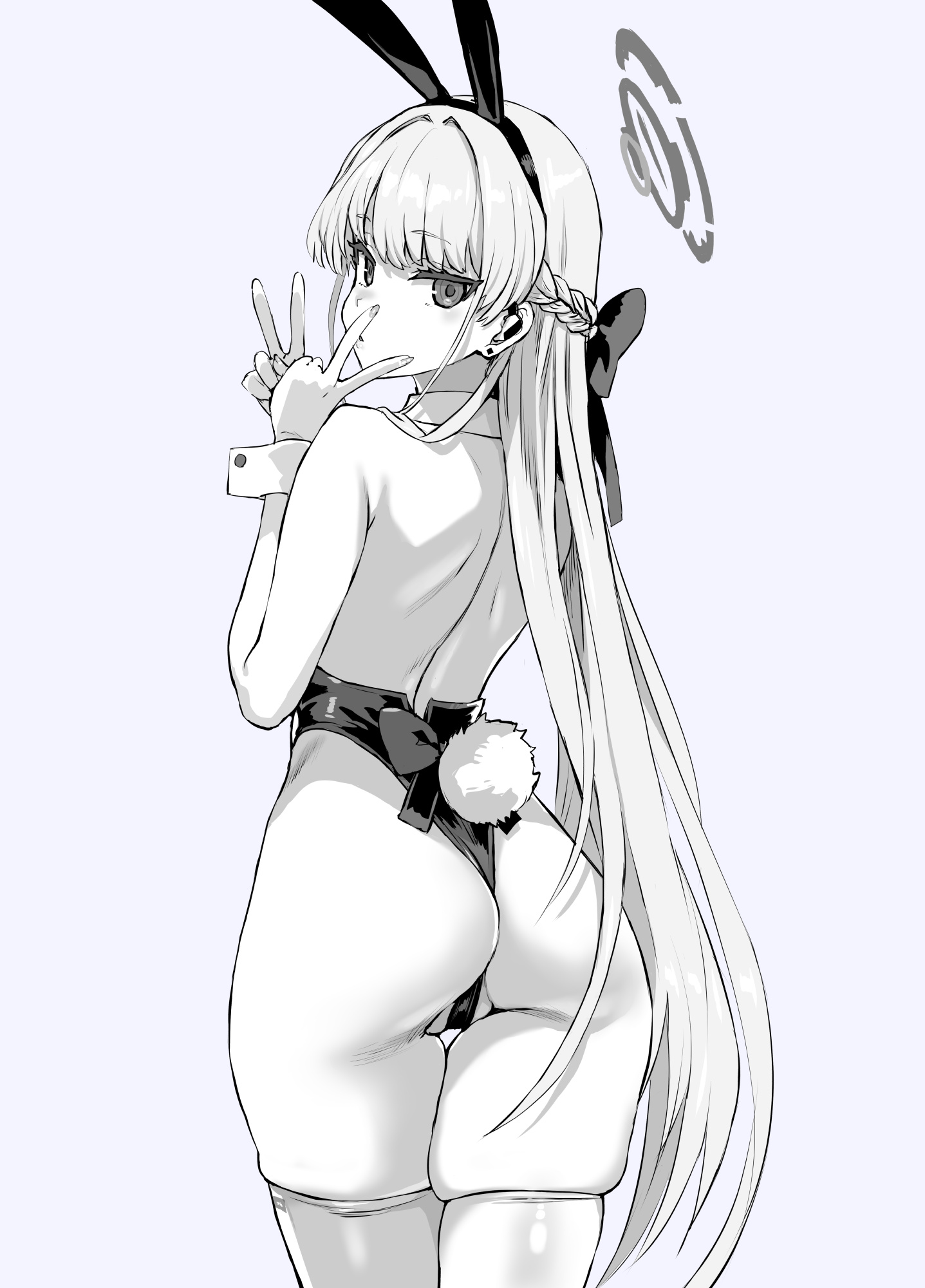 animal ears, asanagi, ass, bare back, bare shoulders, blue archive, braid, bunny ears, bunnysuit, double v, fake animal ears, fake tail, female, female only, from behind, grey background, greyscale, halo, highres, leotard, long hair, looking at viewer, monochrome, official alternate costume, playboy bunny, rabbit ears, rabbit tail, solo, tail, thighhighs, thong leotard, toki (blue archive), toki (bunny) (blue archive), v, very long hair, wedgie