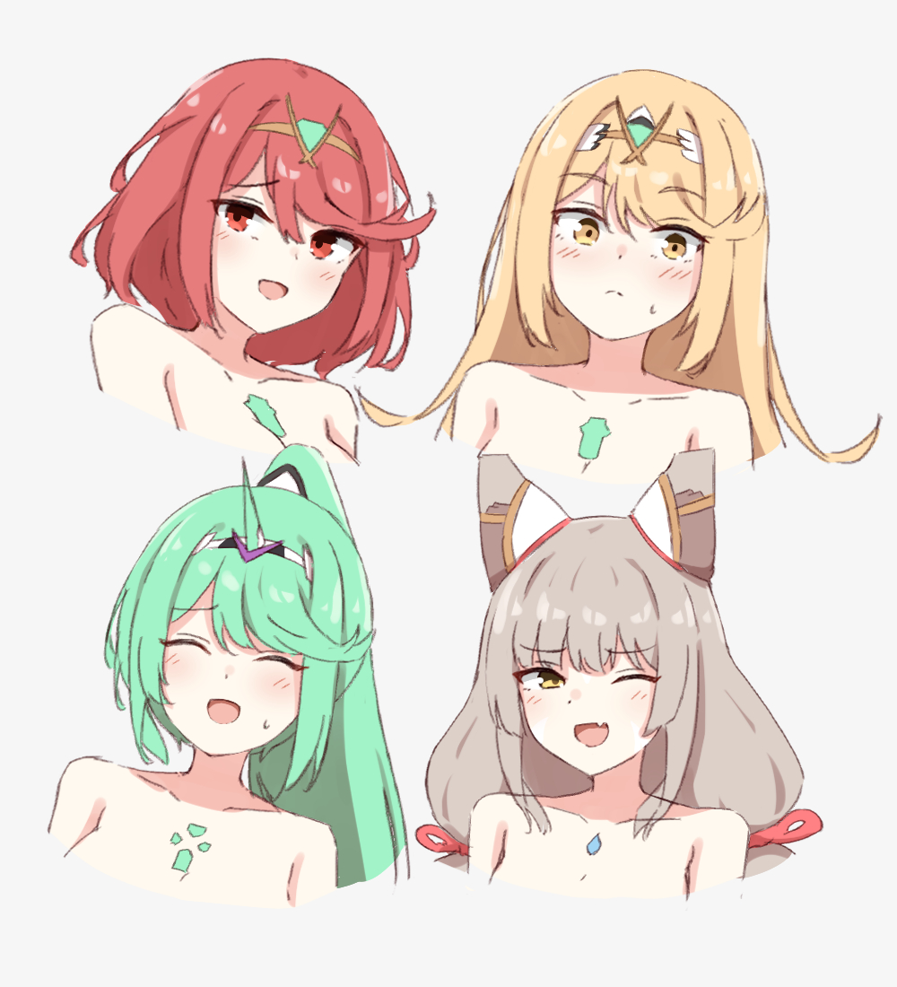 4girls bare_shoulders chiru cleavage core_crystal female female_only implied_nudity multiple_girls mythra nia nia_(blade) nia_(xenoblade) nintendo pneuma_(xenoblade) pyra tagme xenoblade_(series) xenoblade_chronicles_2