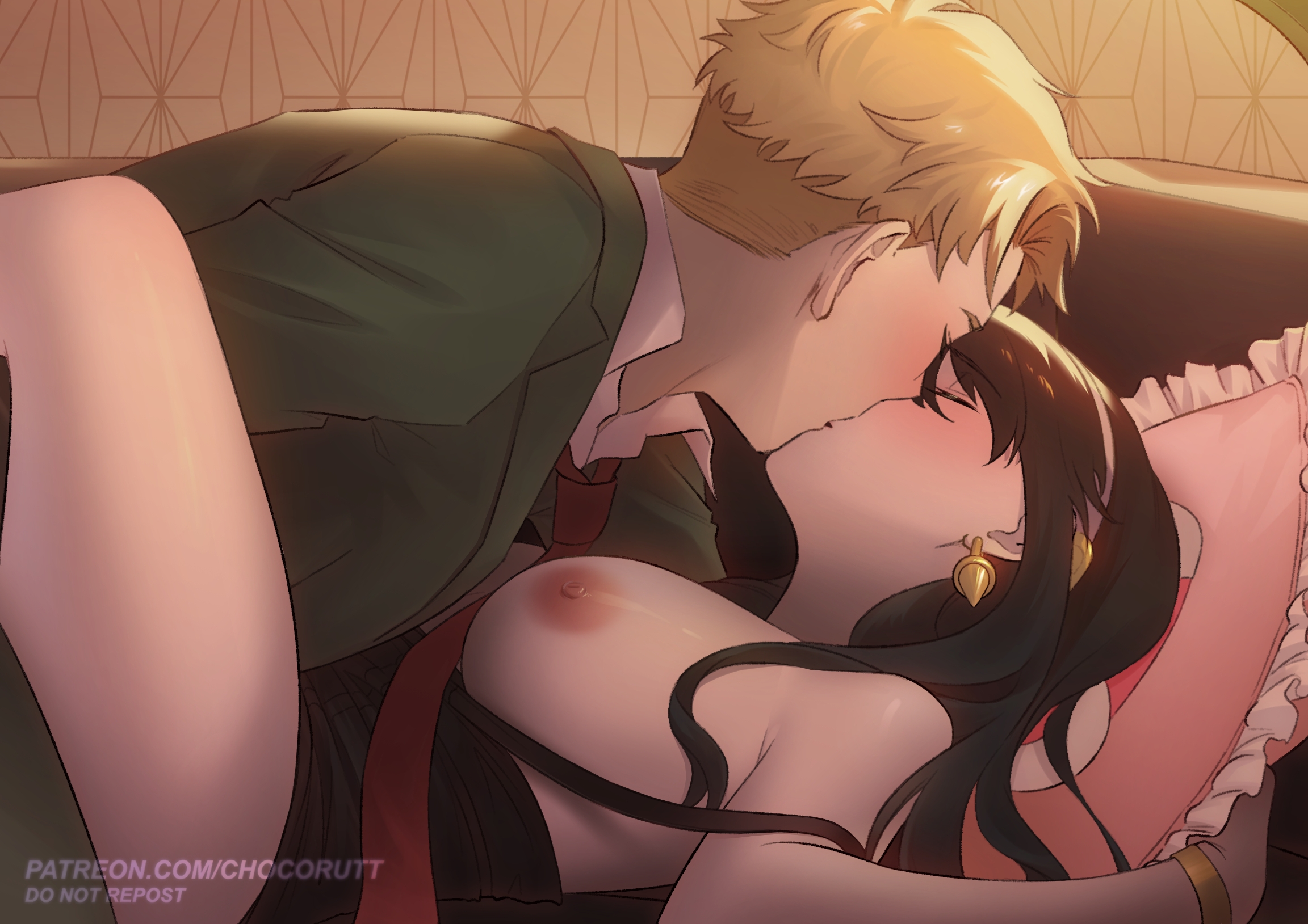 1boy, 1girls, breasts, breasts out, chocorutt, couch, earrings, female, kissing, loid forger, male, passionate, pillow grab, spy x family, yor briar, yor forger